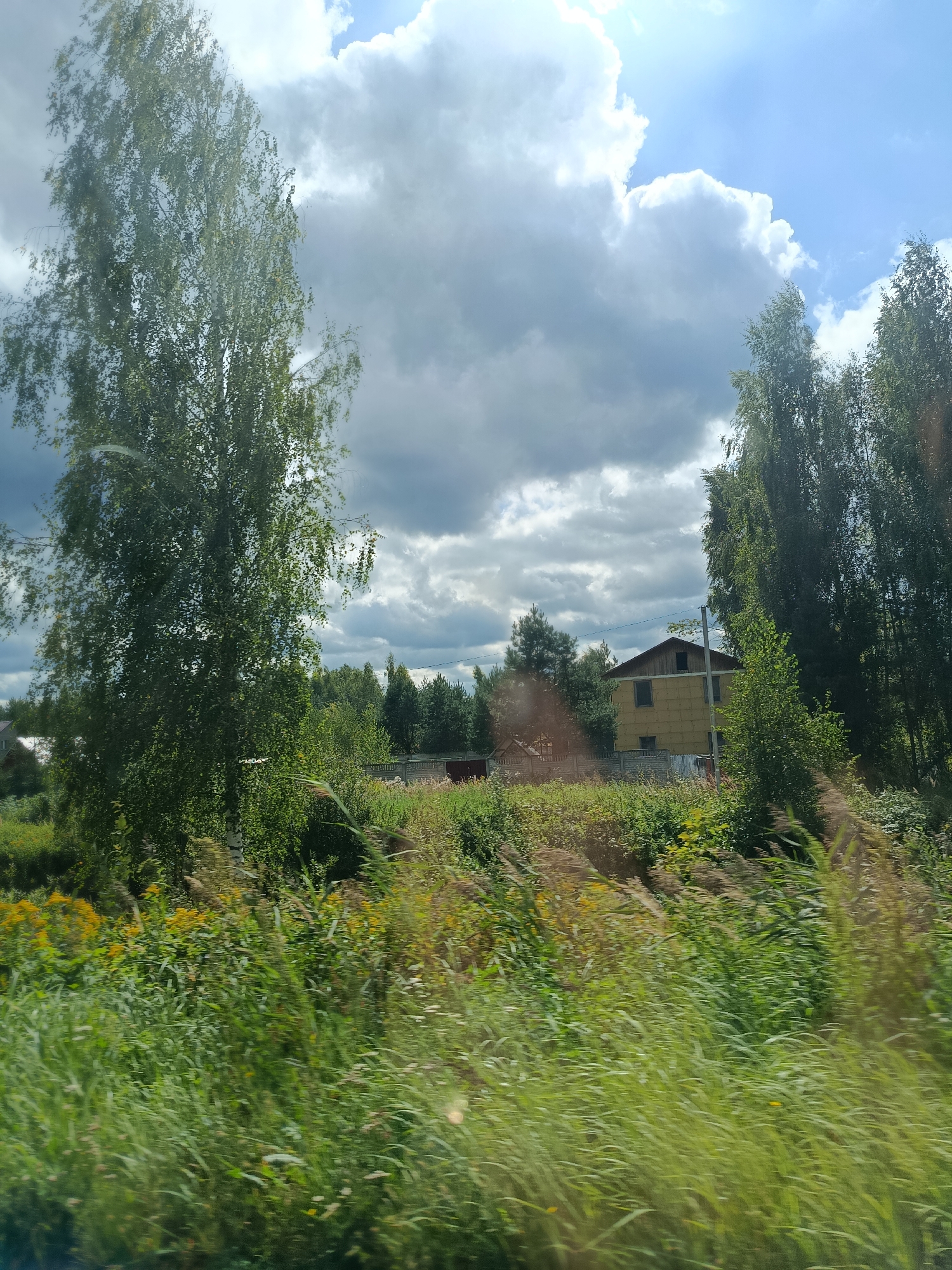 The image depicts a rural landscape with a focus on vegetation and a building under construction. Tall trees, predominantly birches with their distinctive white bark, flank the scene. In the foreground, tall grasses and wildflowers, including yellow blooms, create a dense, natural border. Further back, a two-story building with unfinished yellow siding and a dark roof stands amidst lush greenery and smaller trees. A wooden fence is partially visible in front of the building. The sky is a mix of bright blue patches and dramatic, heavy clouds, suggesting a dynamic weather system. The overall impression is one of a partially developed rural area, likely in or near the city of 1-Go Maya, Russia, characterized by abundant natural growth and ongoing construction.