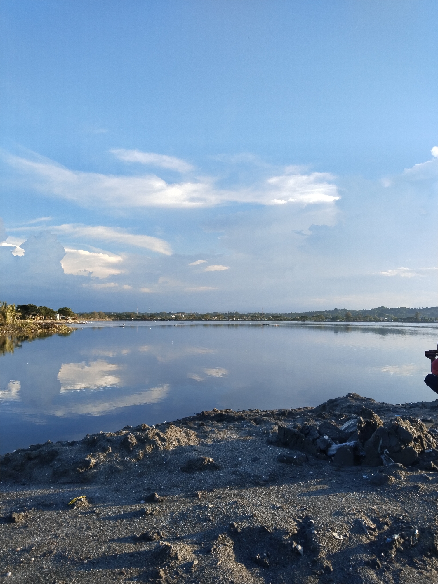 The image captures a tranquil scene of a lake or body of water reflecting the sky and clouds, bordered by a shoreline with dark, textured sand and rocky elements. The sky is predominantly blue with scattered white clouds. Across the water, a distant treeline is visible. A person or object is partially visible on the right side of the frame, though obscured. The location is unknown, but appears to be a calm water body with a natural shoreline near some vegetation.