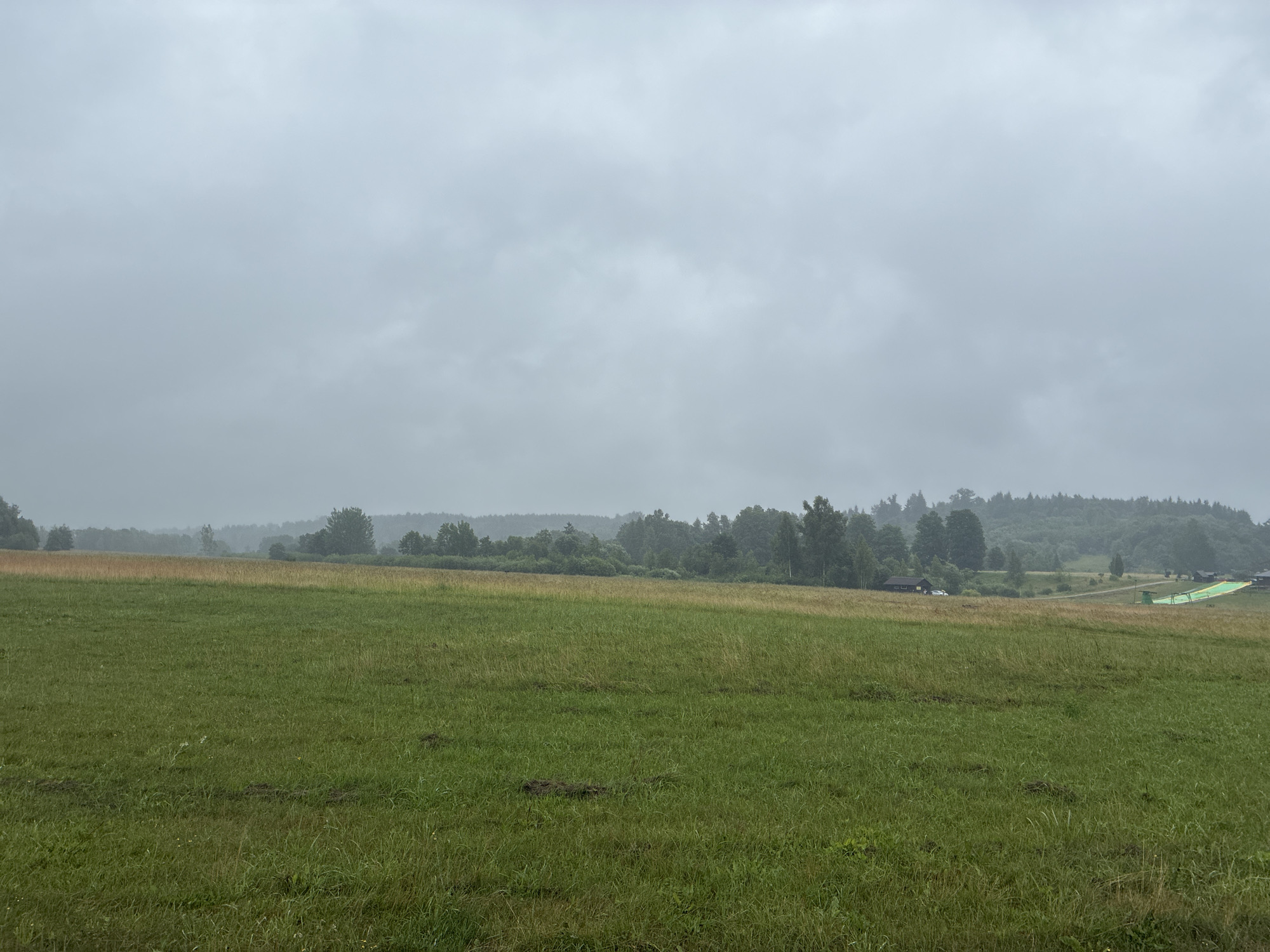 The image depicts a wide, slightly undulating green meadow in Kalnmuiža, Latvia, under a heavily overcast sky. The grass in the foreground is lush and varied in height, with some patches of drier, yellowish-brown grass interspersed. Darker, small clumps of cut grass or debris are visible scattered across the meadow.
In the middle ground, a transition zone of taller, dried grass or grain separates the immediate meadow from a distant treeline. Beyond the treeline, rolling hills are covered in dense forest, their contours softened by the atmospheric haze.
Further to the right in the middle ground, a small, dark-colored building with a lighter-colored roof is partially visible among the trees. A white vehicle is parked in front of it. A dirt road or track winds its way through the landscape towards the right.
A brightly colored, green structure, possibly a slide or a recreational feature, is positioned on a grassy slope in the far right middle ground. Several other smaller structures or buildings are scattered in the distance on the right. The overall impression is of a rural, possibly recreational, outdoor setting on a day with poor visibility due to cloud cover.