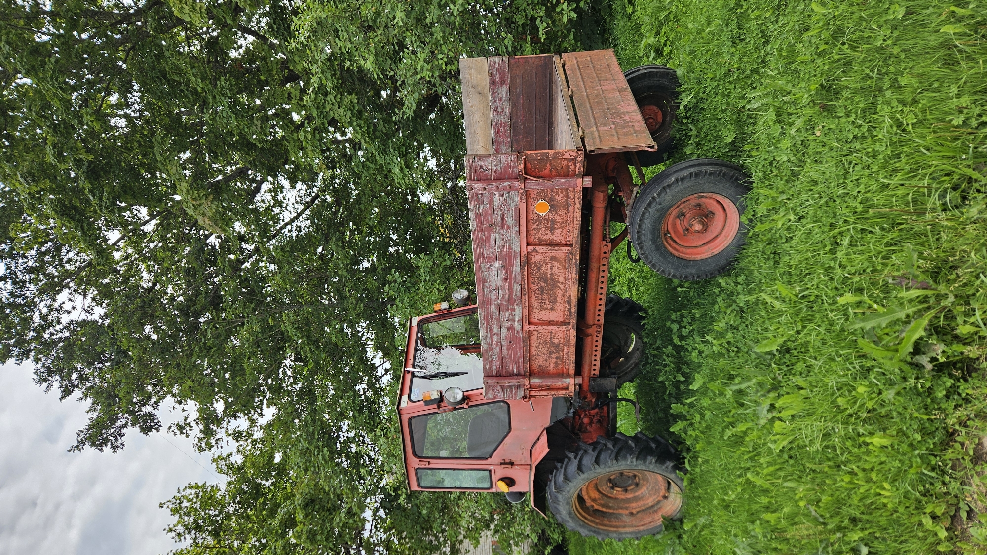A red tractor with a wooden trailer is parked on a grassy area in Kapūņi, Latvia. The tractor has a cab with windows and two headlights. The trailer is open-topped and appears to be made of weathered wood. Tall green trees with full foliage surround the tractor and trailer. The sky above is overcast. The scene appears to be a rural or semi-rural setting.