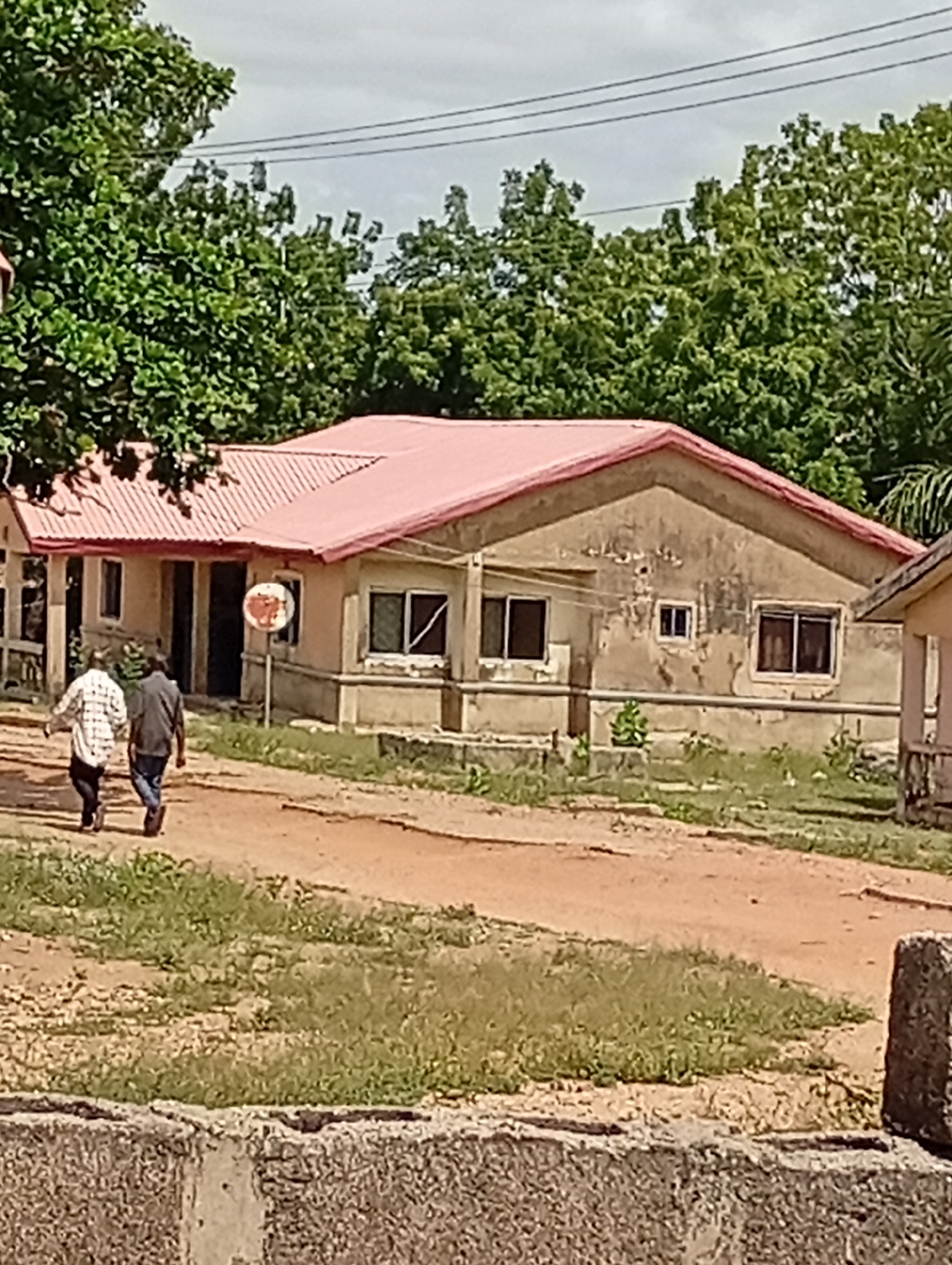 The image captures an outdoor scene featuring two men walking on a dirt path alongside a building under an overcast sky.
In the foreground, a low, rough concrete or stone wall runs horizontally across the bottom of the frame. Beyond this, a reddish-brown dirt path extends into the mid-ground. Two men are walking away from the viewer on this path, their backs to the camera. The man on the left wears a light-colored, possibly checkered, long-sleeved shirt and dark trousers. The man on the right wears a dark shirt and dark trousers.
To the right of the path stands a single-story building with a distinctive red corrugated metal roof. The building's walls appear to be made of concrete or stucco, with visible weathering and some discoloration. It features several rectangular windows with dark frames. Near what appears to be an entrance, a white round sign with some red markings, possibly a logo or text, is mounted on a pole. The details on the sign are indistinct.
Lush green trees are abundant, framing the building and extending into the background, suggesting a verdant environment. Overhead, thin power lines are visible against the cloudy, light grey sky. The overall lighting suggests it is daytime, possibly late morning or afternoon, without strong shadows. No specific location cues are clearly identifiable other than the general appearance of a rural or semi-urban setting. The atmosphere is calm and ordinary.