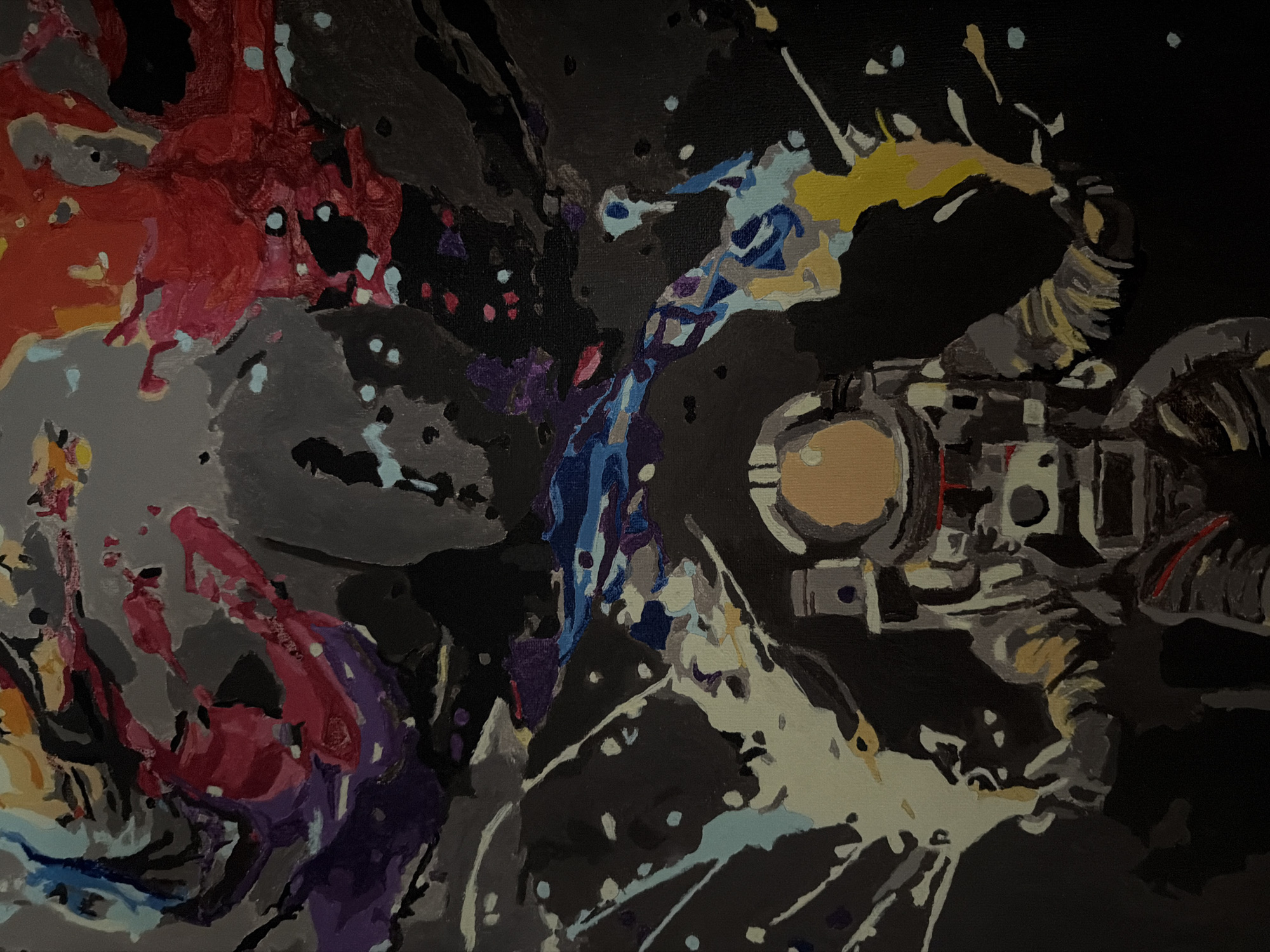 The image is a painting depicting an astronaut in a dark, abstract, cosmic environment. The astronaut is wearing a gray and white spacesuit with a gold-tinted helmet. Their body is facing forward, with arms slightly extended. The background is a chaotic mix of colors and shapes, including splotches of red, pink, purple, blue, yellow, and white against a black and dark gray base. These abstract elements suggest nebulae, galaxies, or other cosmic phenomena. The painting style is expressive, with visible brushstrokes and a somewhat fragmented composition. There is no indication of a specific location in Kyiv, Ukraine, or any real-world urban setting.