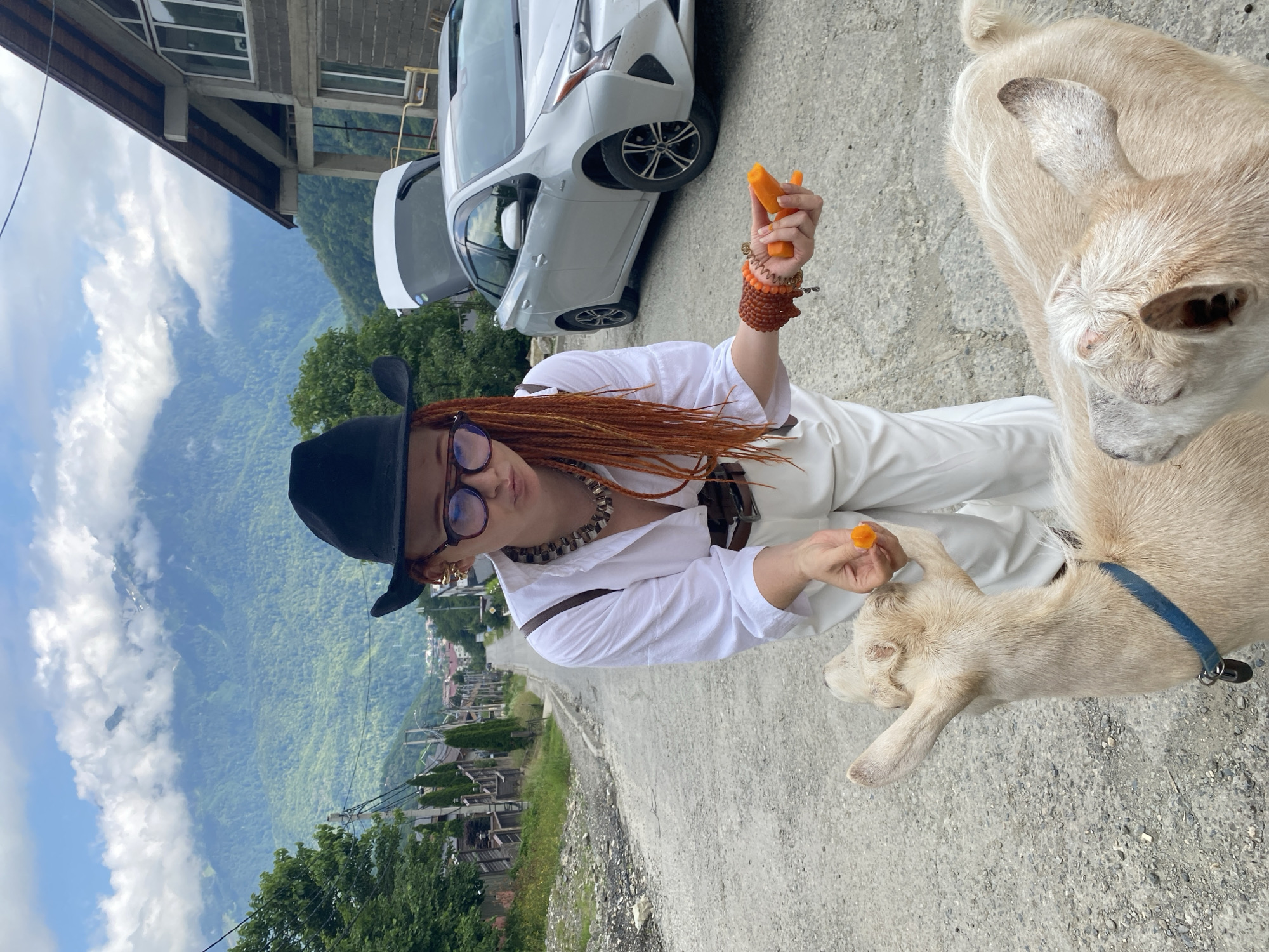 In Krasnaya Polyana, Russia, a person wearing a black cowboy hat and glasses with orange braided hair is feeding carrots to two light-colored goats. The person is dressed in a white shirt, white pants, and a brown belt. They are holding pieces of carrot in their right hand. The goats are on a gravel road in front of the person. In the background, a silver car with its trunk open is parked on the right side of the road. Behind the car and to the right is a multi-story building. The road slopes upward, with houses and trees lining the left side. Majestic, cloud-covered mountains rise in the distance, suggesting a mountainous or rural setting within the city.