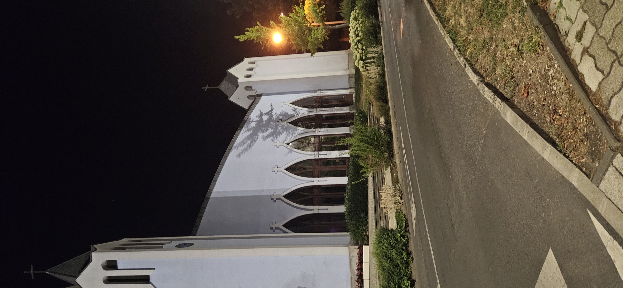 A church with a tall steeple and cross is illuminated by a streetlamp at night. The church has pale blue walls and tall arched windows. In front of the church are several bushes and plants. A street runs in front of the church, with a sidewalk on the other side. The image was taken in Hévíz, Hungary.