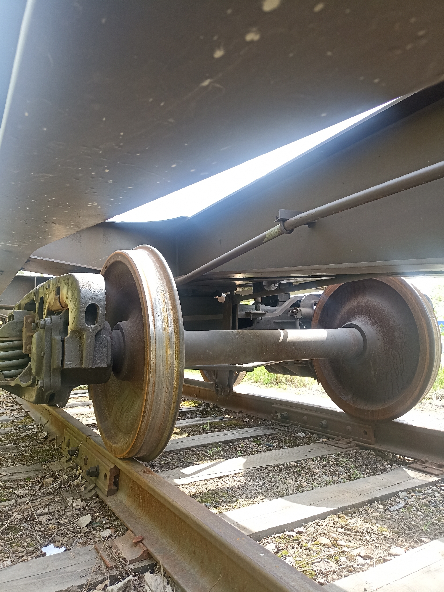 The image depicts the undercarriage and wheels of a railway car situated on a track. The wheels are rusty with some visible wear, and the track itself is composed of wooden ties and rusted metal rails. Debris such as leaves, small rocks, and twigs are scattered around the tracks. The undercarriage of the railway car is gray and partially obscures the sky and some greenery in the background.