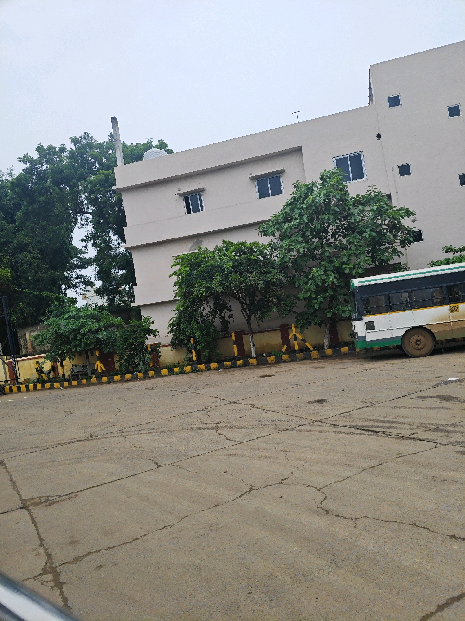 The image captures an outdoor scene in Nuzvid, India, featuring a large, multi-story building with a light-colored facade. The building has multiple windows, some square and some rectangular. In front of the building, there is a concrete paved area with visible cracks and some water puddles, suggesting it might be a parking lot or a service area.
To the right of the frame, a white and green bus is parked. The bus has "AP 27 Z 5936" written on its side. The bus appears somewhat dirty, with mud splashes on its lower section. The bus has several windows, and the wheels are visible.
Several trees of varying sizes and foliage density are scattered across the scene. Some are tall and mature, while others are smaller bushes. A yellow and black striped barrier is visible along the edge of the paved area, separating it from a darker strip of ground.
In the upper portion of the image, a tall, slender chimney-like structure rises from behind the building and trees, against a cloudy sky. The overall impression is of a functional, possibly industrial or institutional, area within Nuzvid, with a bus present indicating a transportation hub or route.