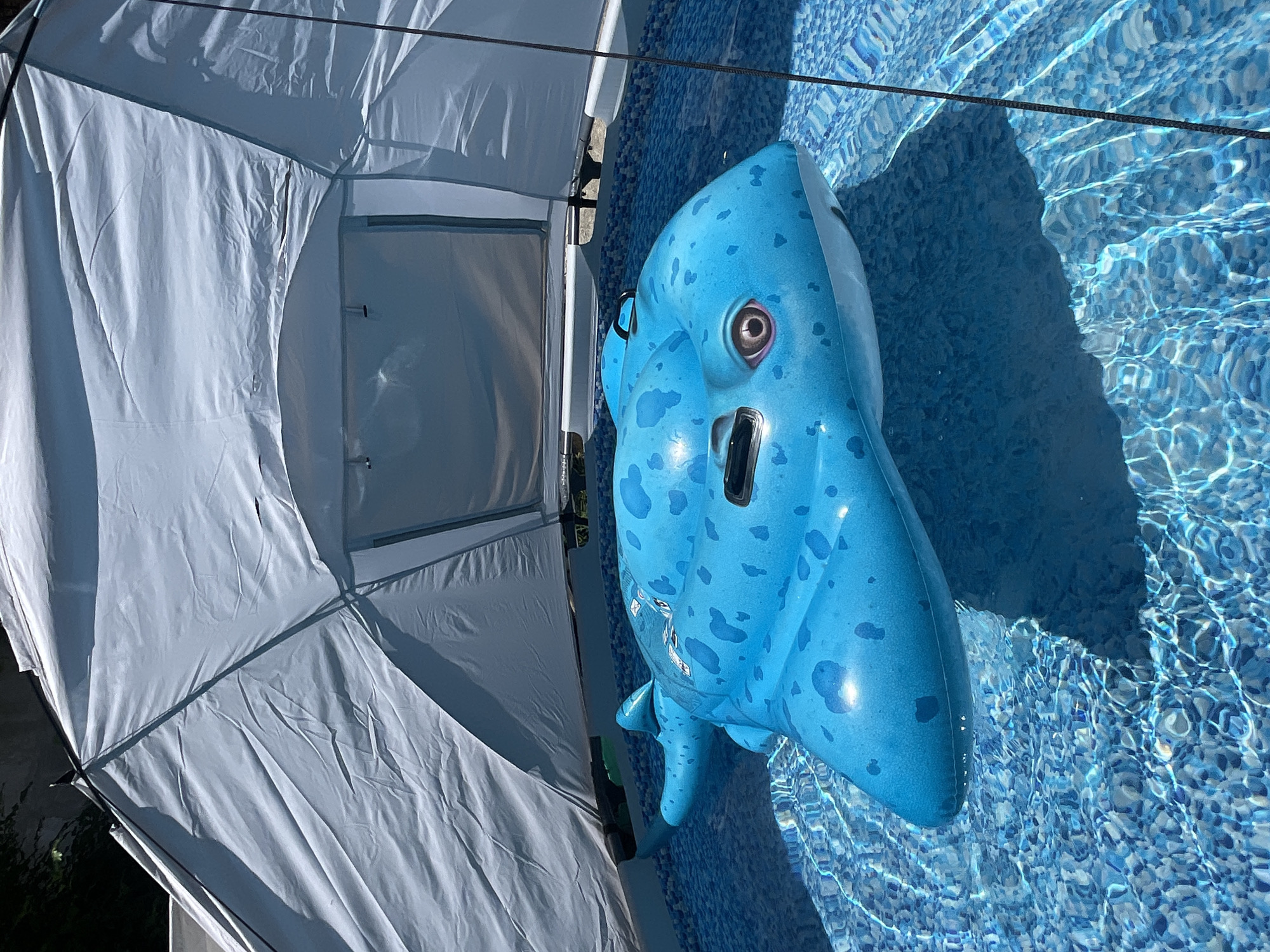 An overhead shot shows a blue inflatable stingray pool float in a pool. The float has darker blue spots and a large eye on its right side. A silver tent-like structure is set up over the pool, casting a shadow on the water. The pool has a mosaic tile bottom. The scene is outdoors, with green foliage visible beyond the tent. The provided location of Baranovka, Russia, is not discernible from the image itself.