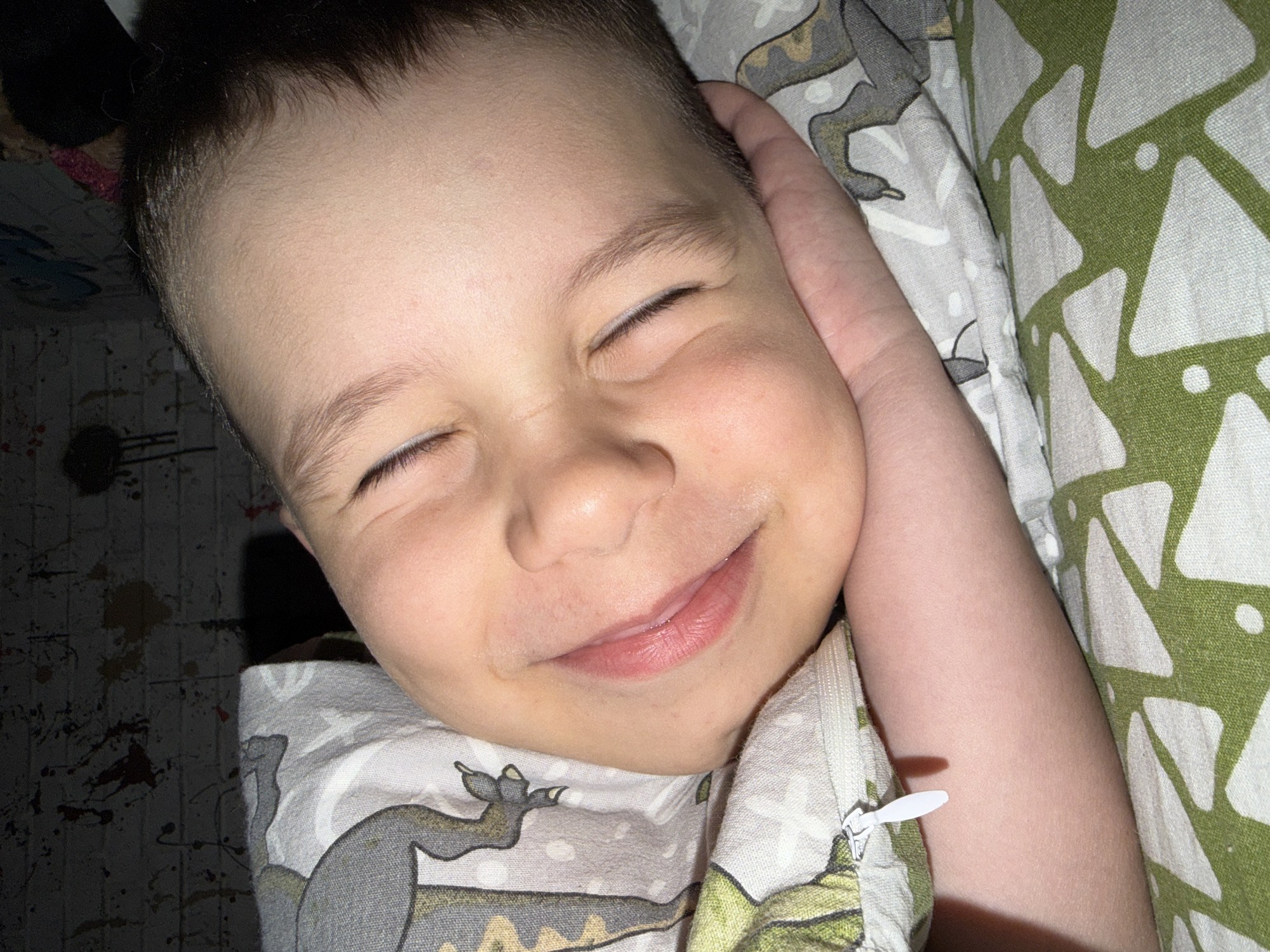 A close-up, indoor, low-angle shot depicts a young boy, likely a toddler, lying down with his eyes closed and a gentle smile on his face. His head rests on his hand, which is positioned near his ear. He is wearing a zippered shirt with a cartoon-like print of a lizard-like creature. The bedding consists of a pillow or pillowcase with a geometric pattern in green and white. The background is dimly lit, revealing a surface with splatters or stains. The location is Chaikovsky, Russia.