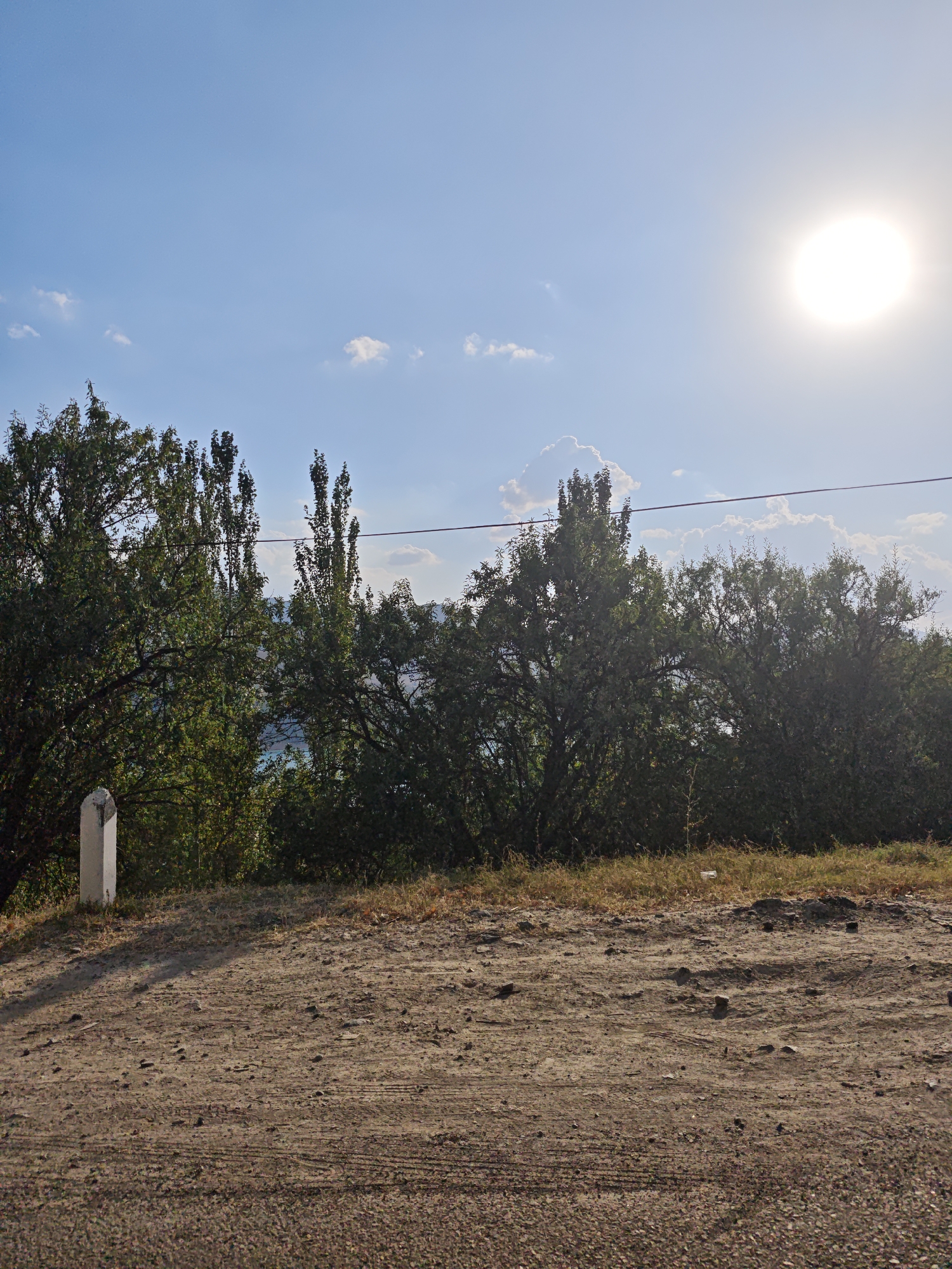 The image depicts a natural outdoor scene. In the foreground, a dirt path or road is visible, with tire tracks indicating recent use. To the left, a white, rectangular marker or post stands beside the path, casting a shadow. Beyond the path, a dense line of trees forms a backdrop, with some foliage appearing lighter green and others darker. The trees are varied in height and density, with some tall, slender trees interspersed with bushier ones. In the distance, through the trees, a body of water is faintly visible, and beyond that, hills or mountains. The sky is a clear blue with scattered, fluffy white clouds. The sun is bright and high in the sky, positioned towards the upper right of the frame, creating a lens flare effect. A thin power line stretches horizontally across the middle of the image, above the trees. The overall impression is of a rural or semi-rural landscape, possibly on a sunny day. The specific location in the city of Brichmulla, Uzbekistan, is not discernible from the visual elements alone.