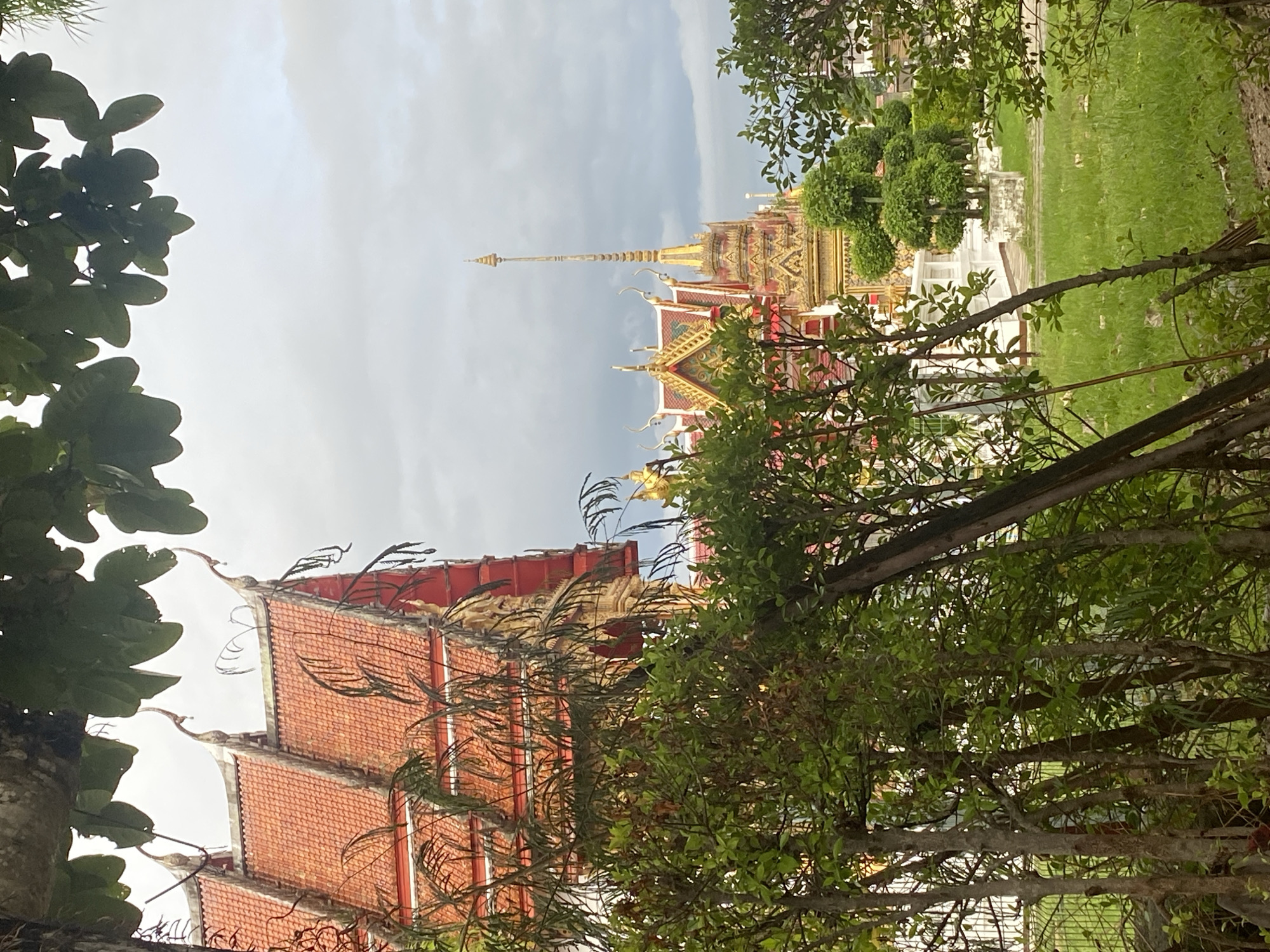 The image shows a view of a Buddhist temple in Choeng Thale, Thailand, partially obscured by foliage. The temple features a multi-tiered red-tiled roof and golden ornamentation. A slender spire rises from the main structure. The sky is overcast, and the surrounding area includes trees and a grassy lawn. The scene is taken from a low angle, with branches and leaves framing the temple.