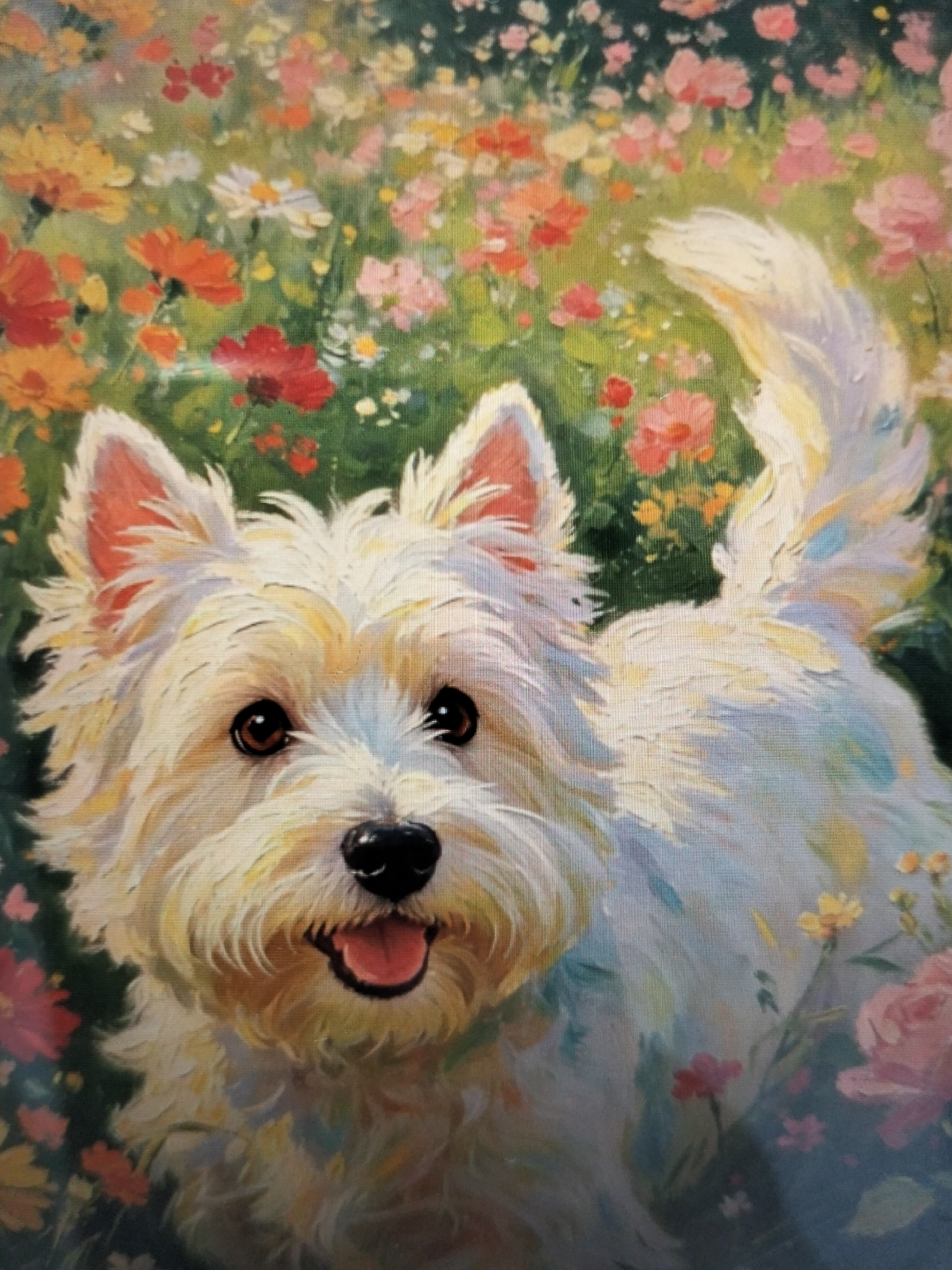 A painting depicts a white West Highland White Terrier in a field of colorful flowers. The dog is looking directly at the viewer with its mouth open in a happy expression. The flowers are a mix of red, orange, pink, and yellow. The background is a blur of green and other colors, suggesting a painterly, impressionistic style. The location of this scene in the city of Payagaboh, Indonesia, is not determinable from the image.