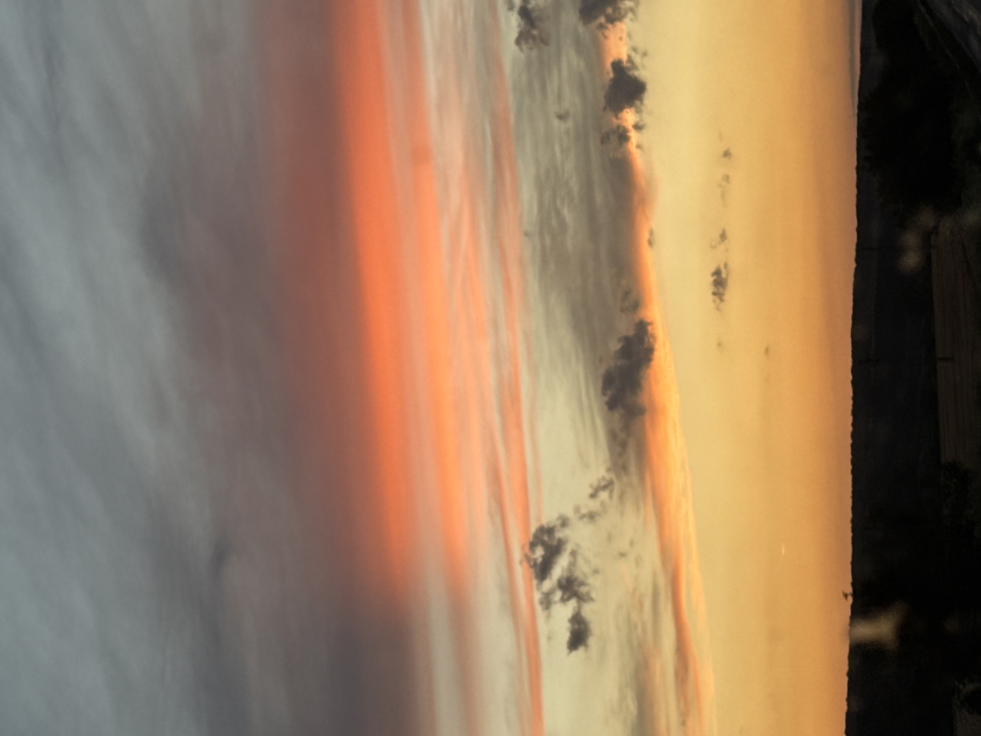 This is a vertical, eye-level photograph of a sunset over a rural landscape in Veselina, Bulgaria. The sky is filled with dramatic clouds displaying a gradient of colors from dark gray at the top to fiery orange and soft yellow near the horizon. Wispy streaks of pink and orange are visible across the middle of the sky, illuminated by the setting sun. Below the colorful sky, a dark silhouette of rolling hills and trees forms the horizon line. The foreground is also dark, with indistinct shapes suggesting trees and possibly some vegetation. The overall impression is one of natural beauty and a peaceful evening scene.