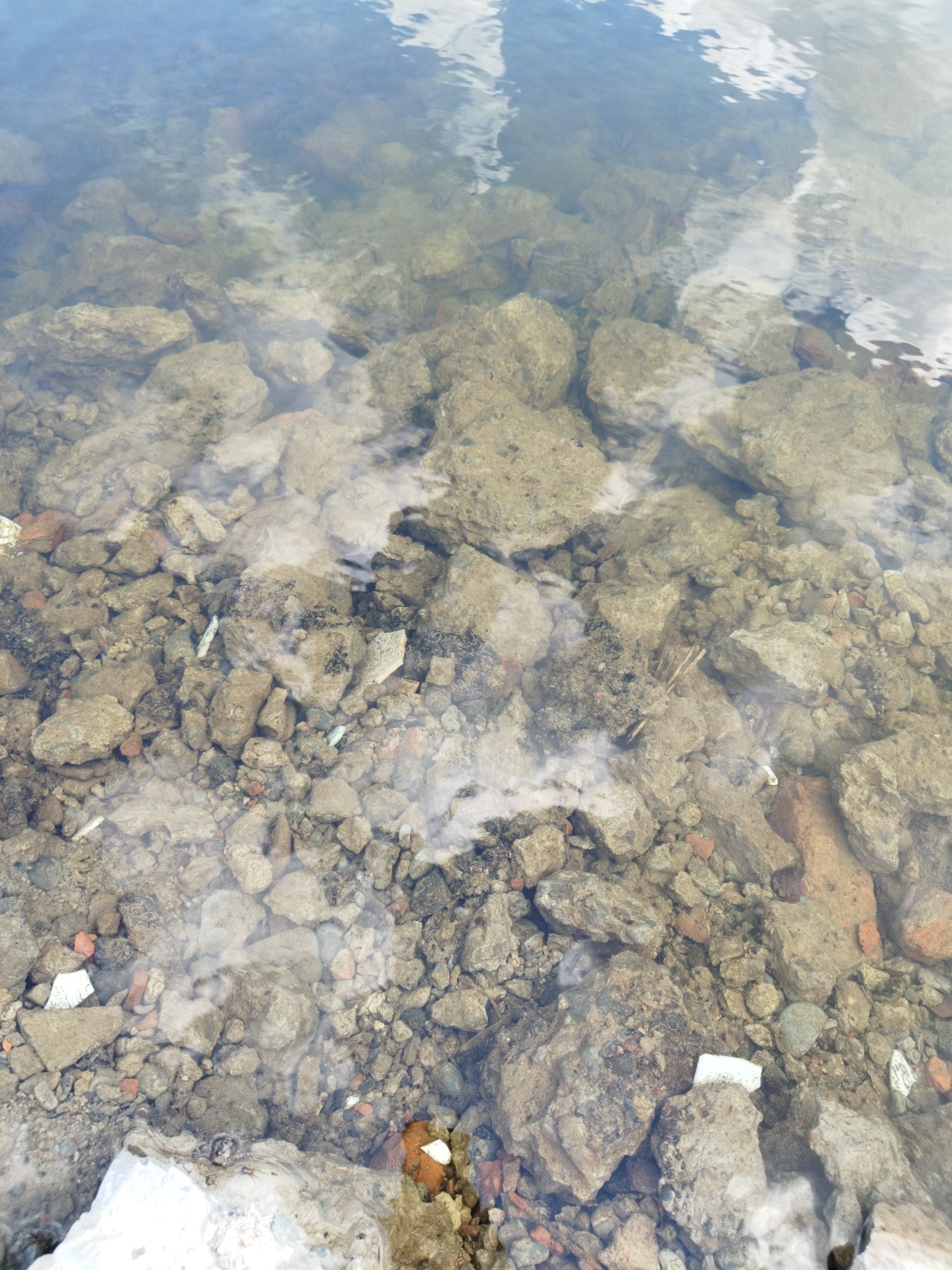 The image depicts the shallow, rocky bottom of a body of water, likely a river or lake, in Rozdil, Ukraine. The water is clear, allowing a detailed view of the submerged terrain. The ground is covered with a variety of rocks and stones, ranging in size from small pebbles to larger, irregularly shaped rocks. Some of these rocks appear to be naturally formed, while others bear resemblance to fragments of brick or concrete, suggesting human activity or debris in the area. The water surface reflects the sky, with blurry white shapes indicating clouds or light patches. Scattered amongst the rocks are small pieces of white debris, possibly litter. There are no people or animals visible in the image. The overall impression is of a natural, yet somewhat disturbed, aquatic environment.