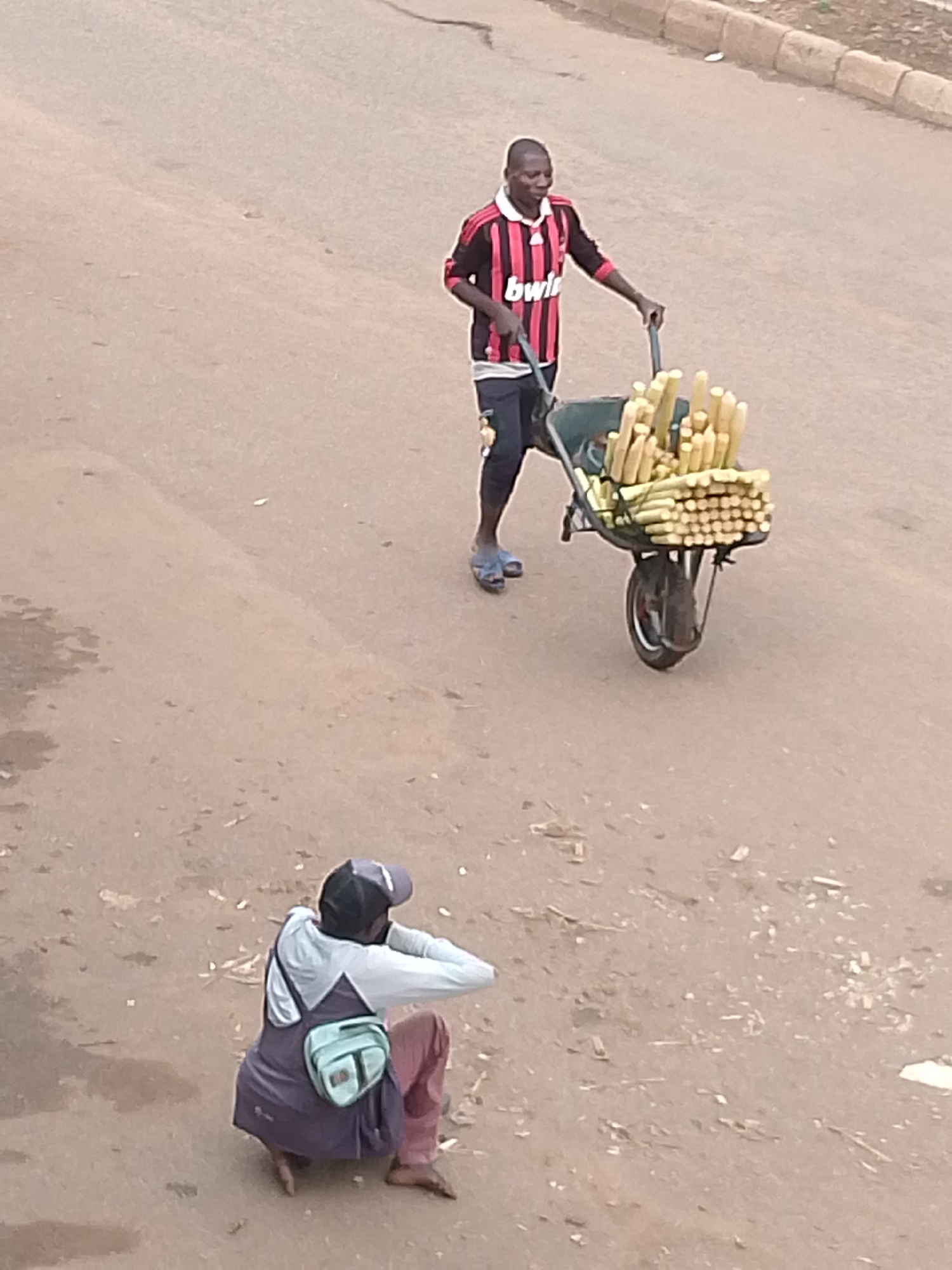In Bukuru, Nigeria, two individuals are captured in a street scene. In the upper portion of the frame, a man wearing a striped red and black shirt and dark pants pushes a wheelbarrow filled with sugarcane stalks. He is on a paved surface, with a curb and road visible in the background. In the lower portion of the frame, a second person is crouched down, facing away from the camera. This individual wears a white long-sleeved shirt, dark pants, a blue backpack, and a dark baseball cap. The ground is a dusty, uneven surface, with scattered debris.