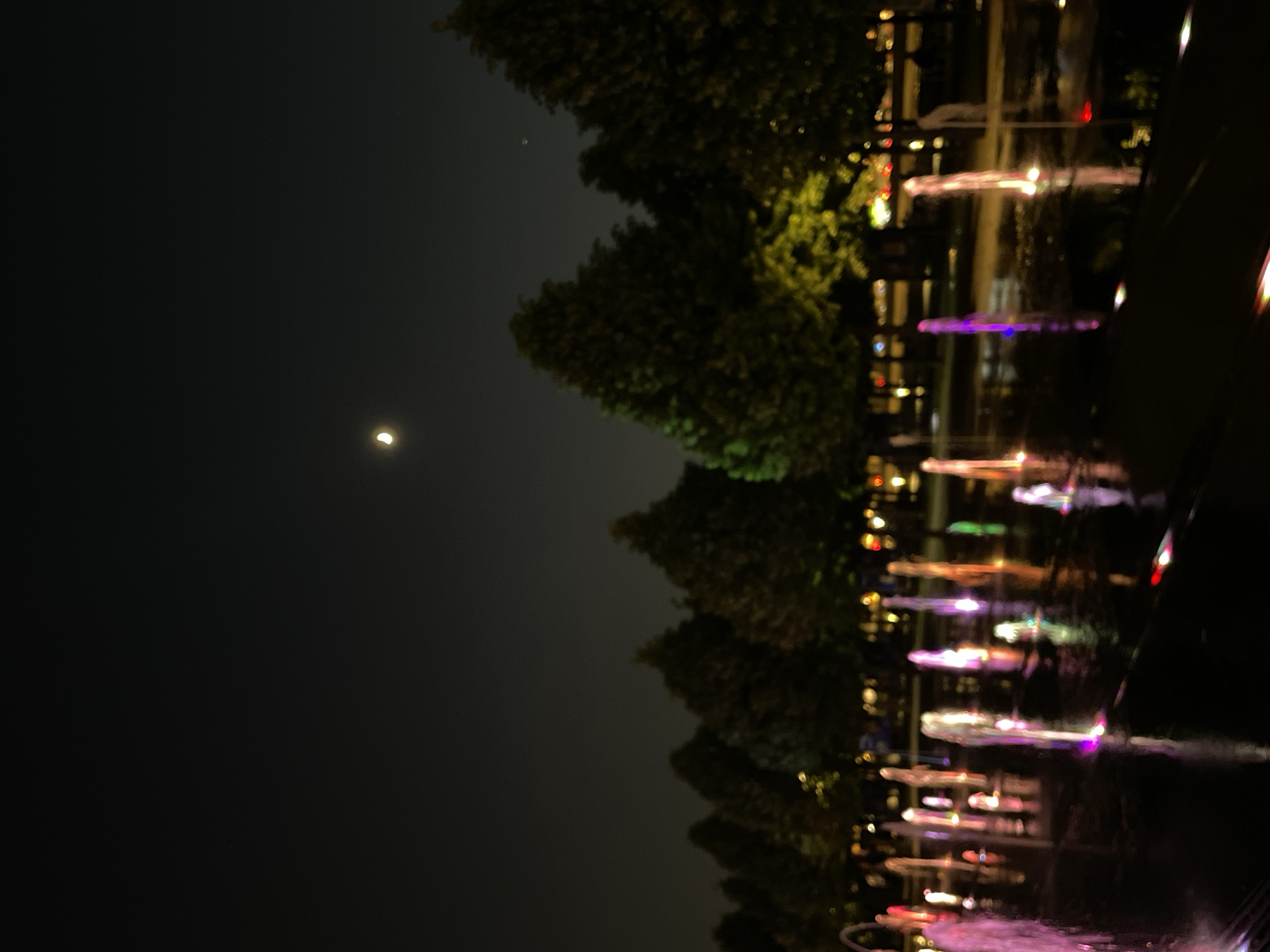 Here's a detailed description of the image:
**Scene:** The image captures a nighttime scene in an urban park, featuring a water fountain display illuminated with colored lights. The image is rotated to its side.
**Environment:** The sky is dark, with a partial moon visible. Trees are lining the fountain with some illuminated. The background indicates a cityscape, with blurred lights of buildings visible between the trees.
**Objects:** The central element of the image is the water fountain. The jets of water are lit up with various colors including white, red, green, and purple.
**Location:** Given the fountain design and city park atmosphere, it is possible that the location is in Moscow, Russia.