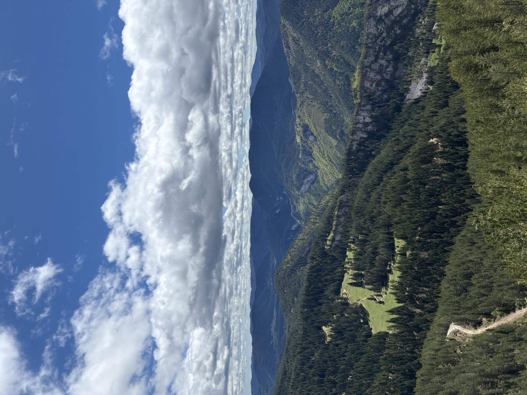 The image depicts a landscape with mountains, trees, and sky, located in Giovren, Bulgaria. The sky is partly cloudy with blue sky visible on the left side and a band of clouds down the center. Mountains are in the background, with foreground filled by forested hills. A small clearing with green grass is visible amidst the trees, with a small dirt road leading towards it.