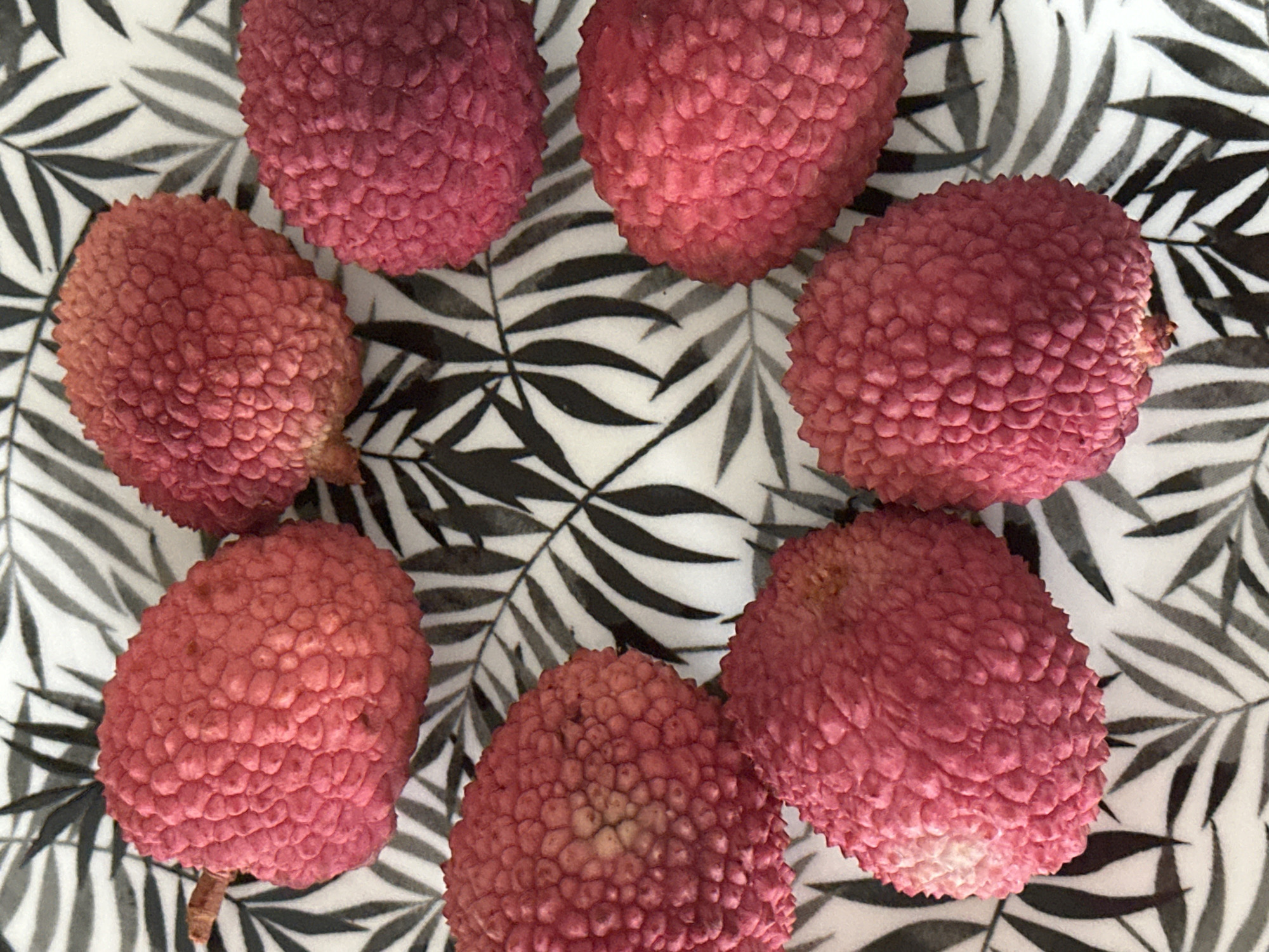 Eight lychee fruits are arranged on a white plate with a black and white palm leaf pattern. The fruits are round to oval in shape and have a bumpy, reddish-pink skin. Some of the fruits have small stems attached. The image is a top-down view. There is no information available about the location in Petah Tikva, Israel.