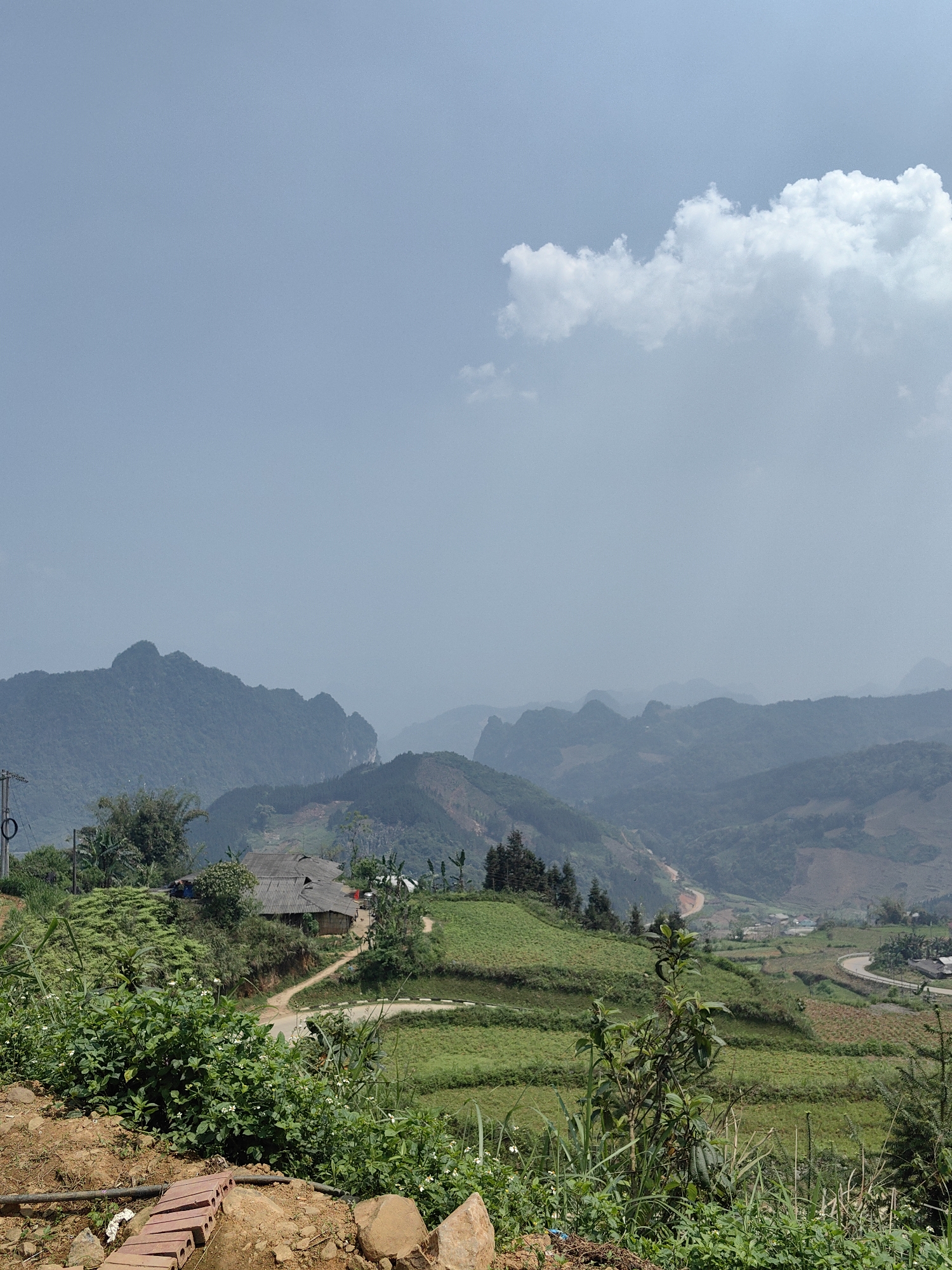 The image captures a landscape scene in Xã Cần Yên, Vietnam. Dominating the background are several layers of mountains, appearing hazy with distance. The sky is light blue with a single white cloud. In the foreground, there's a variety of green vegetation, including grass, shrubs, and small trees, with some white flowers interspersed among the plants. A dirt path and brick steps lead down the hillside. Further up the hill, a group of houses with thatched roofs is visible. The landscape has a cultivated appearance with terraced fields. In the middle ground, a winding road can be seen. Overhead power lines and a utility pole are visible to the left.