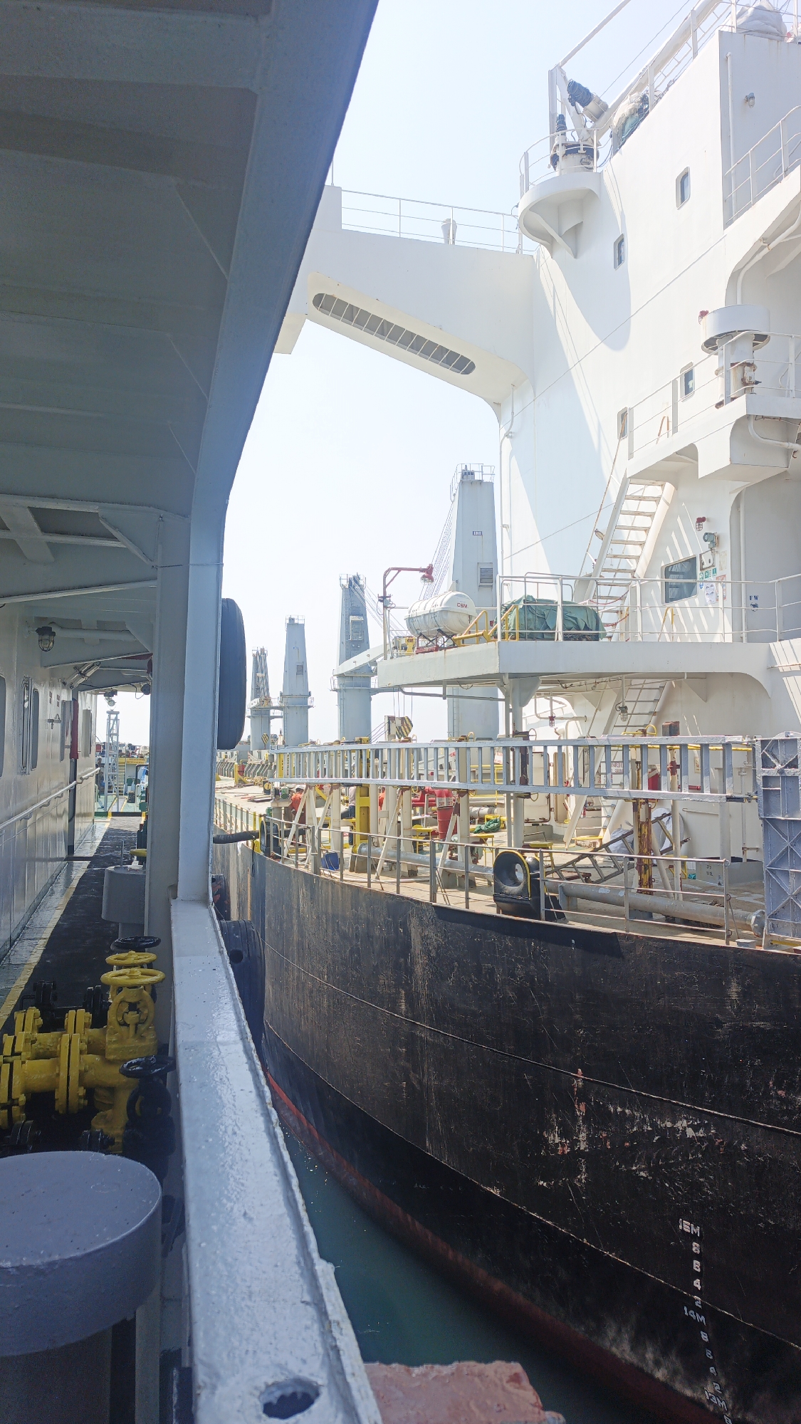 The image depicts two large cargo ships docked side-by-side at a port in Singapore. The ship on the right is predominantly white with black hull markings and various cranes and structures visible on its deck. The ship on the left is viewed from its interior walkway, showing a dark hull and a section of the port's infrastructure, including yellow piping and valves. The water between the ships is a turquoise green. The sky is clear and bright, suggesting a sunny day. The scene appears to be a routine port operation.