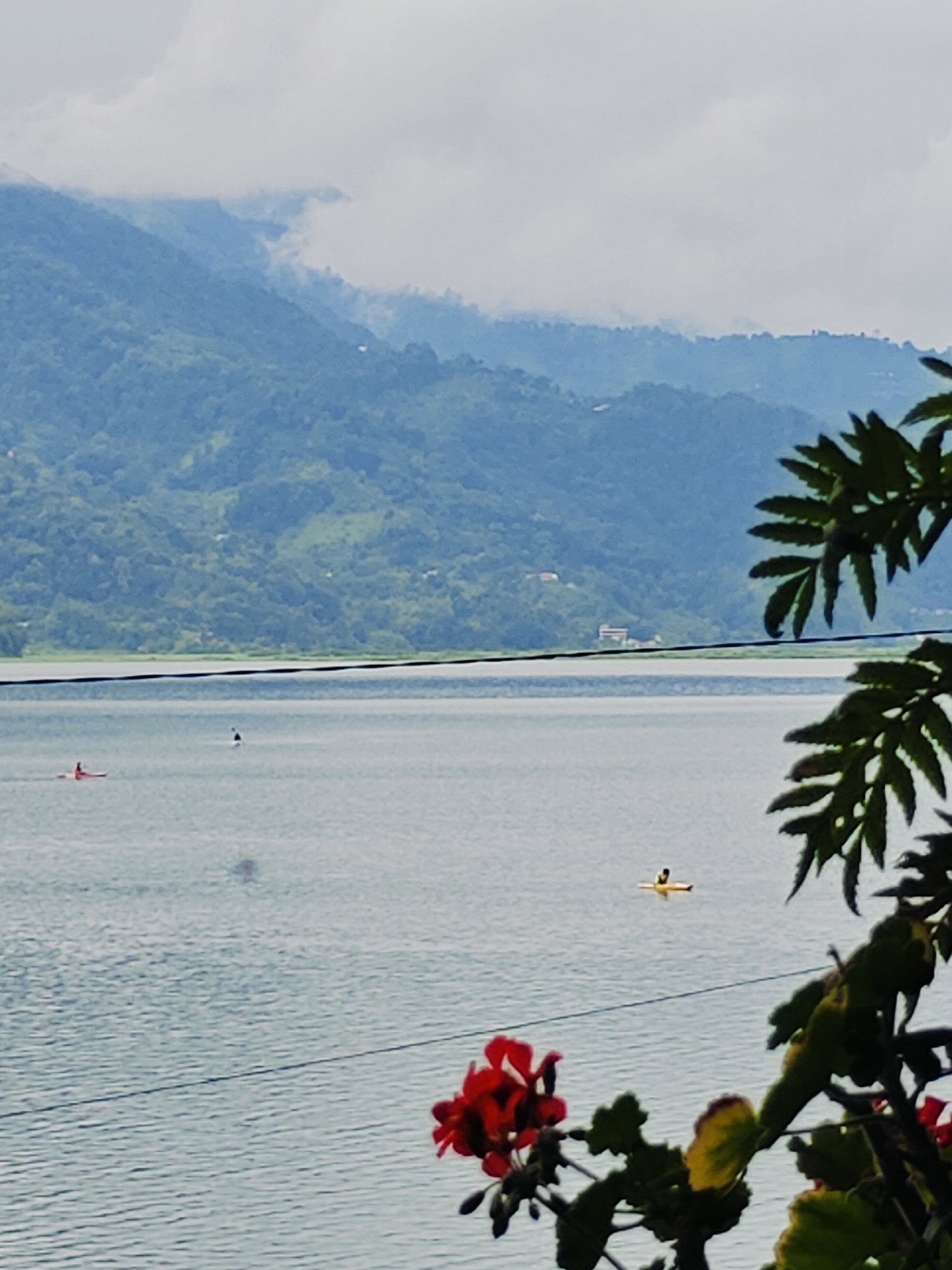 The image shows a scenic view of Fewa Lake in Pokhara, Nepal. In the foreground, partially obscuring the view, are red flowers and green foliage. The lake itself is a tranquil blue, with several small boats and kayaks visible on its surface. One red kayak is positioned on the left side of the lake, and a yellow kayak with a person paddling is seen further to the right. In the middle distance, there are two other figures in the water, one of which appears to be a person in a small boat. The background is dominated by lush green hills and mountains, with clouds partially obscuring their peaks. A few buildings are visible nestled into the slopes of the hills. The overall impression is one of natural beauty and outdoor recreation in a serene setting.