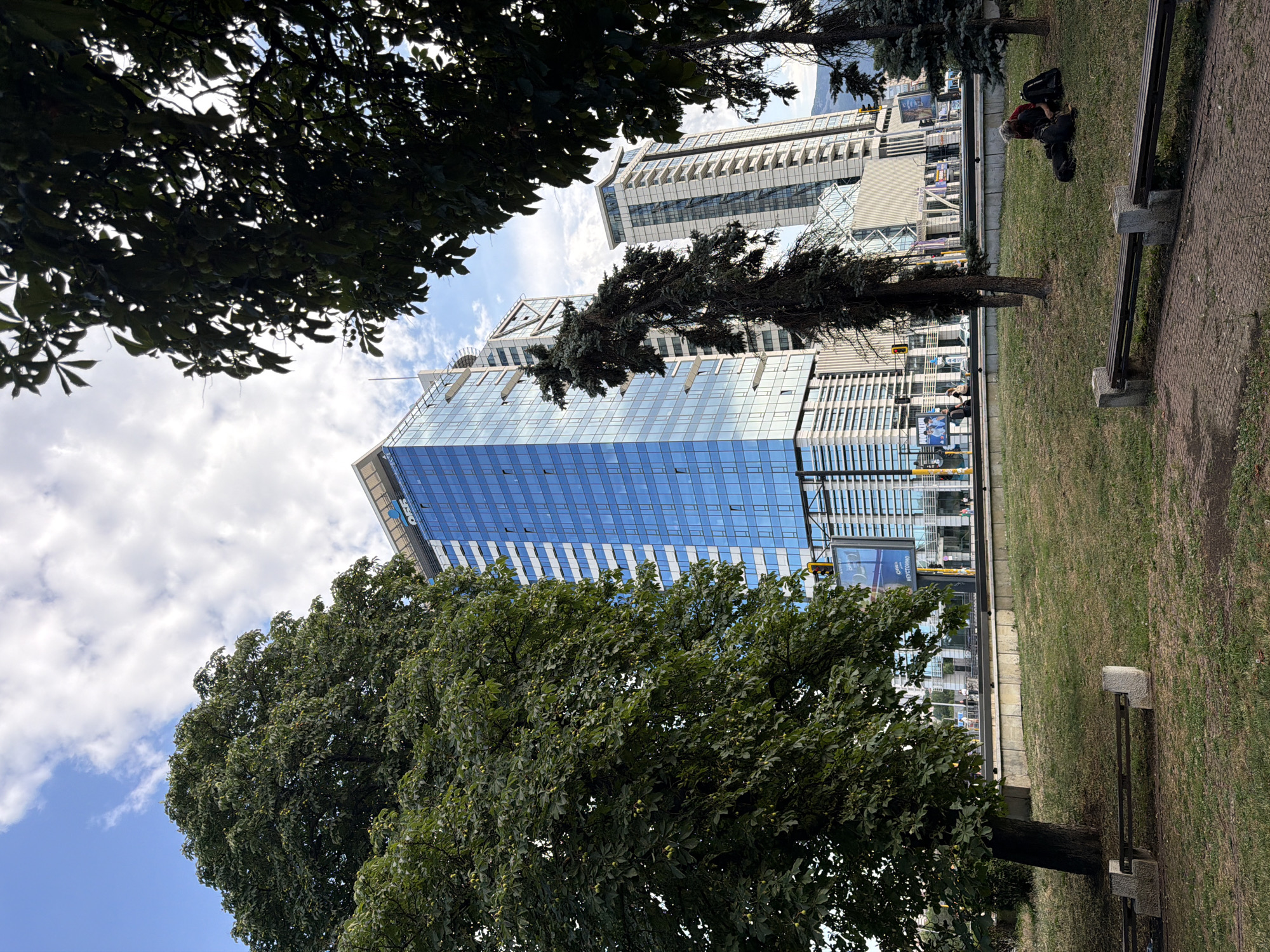 The image depicts a street scene in Sofia, Bulgaria, dominated by modern glass-fronted buildings and lush greenery. In the foreground, large trees with dense foliage partially obscure the view of the buildings and the sky. One tree, in particular, has a thick trunk and branches that extend across a significant portion of the frame, with some green nuts or fruits visible among its leaves.
Behind the trees, tall, contemporary buildings with reflective glass facades rise into a partly cloudy sky. The architecture suggests a business or commercial district. The reflection on the glass buildings reveals a mix of blue sky and white clouds.
On the right side of the image, a grassy area with a paved walkway is visible. A park bench made of concrete and metal is situated on the grass. A person, dressed in dark clothing and wearing a backpack, is seen lying on the grass near the bench, facing away from the camera. Their posture suggests rest or perhaps a nap.
Further in the background, more buildings and street elements are discernible, including traffic lights and signage. The time of day appears to be daytime, given the bright light and shadows. The overall atmosphere is one of an urban park setting, where nature and modern architecture coexist. No discernible text is clearly legible in the image.