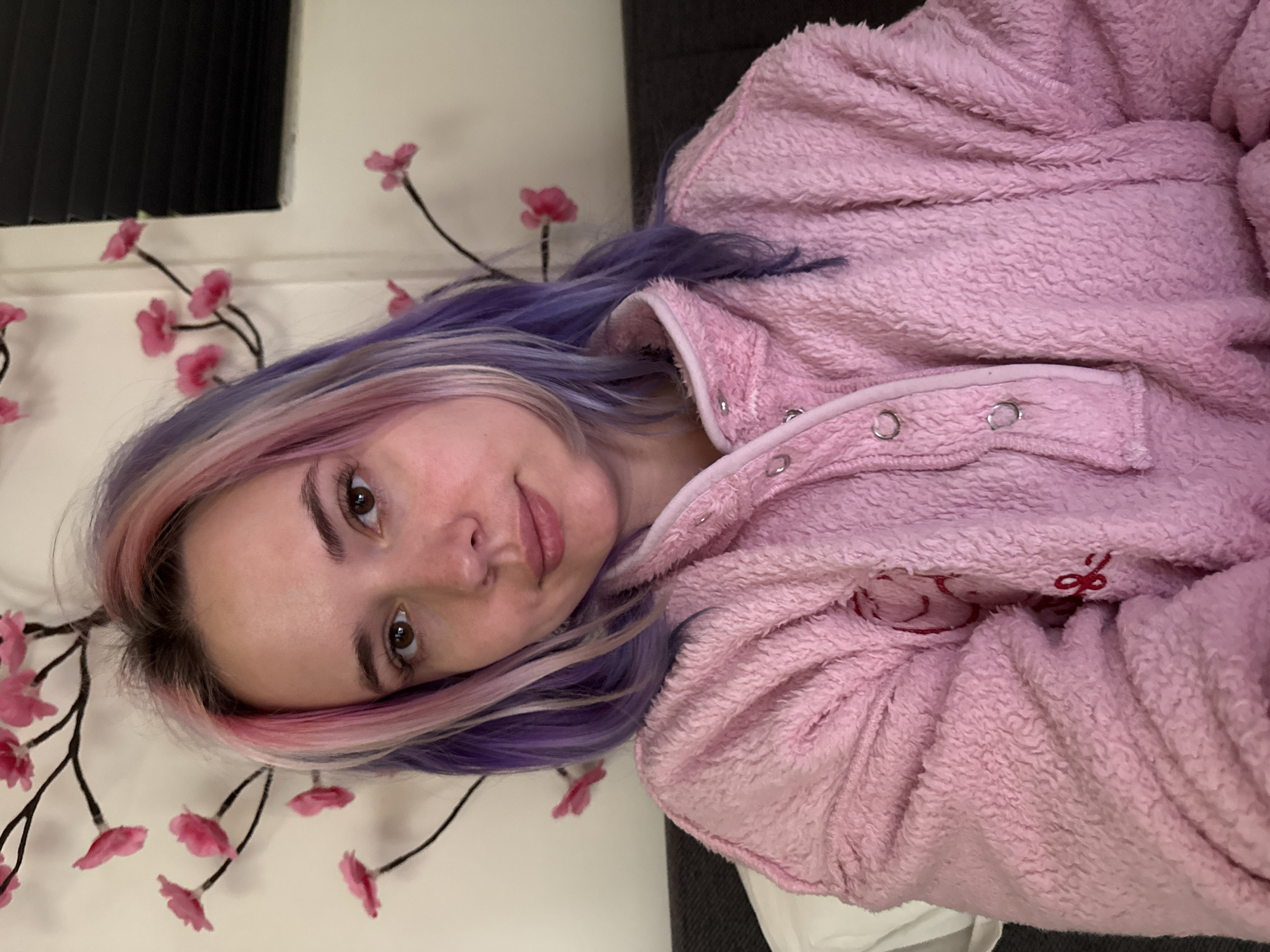 A young Caucasian female with multi-toned hair, featuring pink, purple, and lighter strands, is depicted in a headshot-style indoor photograph. She has brown eyes and a light complexion, looking directly at the camera with a neutral expression. She is wearing a pink, textured fleece pullover with a four-snap placket and red embroidery visible on the left chest area. The background consists of a white wall adorned with dark, faux tree branches featuring multiple pink fabric cherry blossoms. A dark gray upholstered surface, likely a headboard or sofa backrest, is visible behind her left shoulder, with a white pillow to its left. A section of a window with black horizontal blinds is present in the upper right portion of the image. The specific location within the City of Zagreb, Croatia, is not identifiable from the visual information provided.