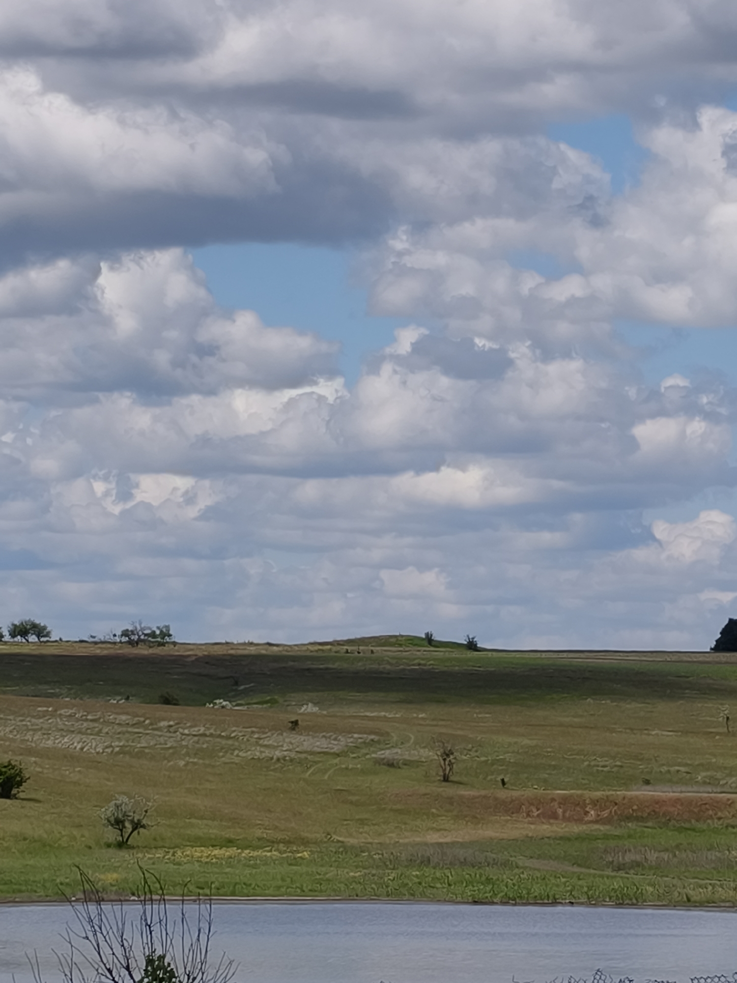 The image shows a landscape in Poltavka, Ukraine, featuring a body of water in the foreground. The middle ground consists of rolling grassy hills, dotted with a few sparsely distributed trees. The hills are mostly dry with patches of green grass. The sky is mostly covered by clouds. Patches of blue sky are visible.