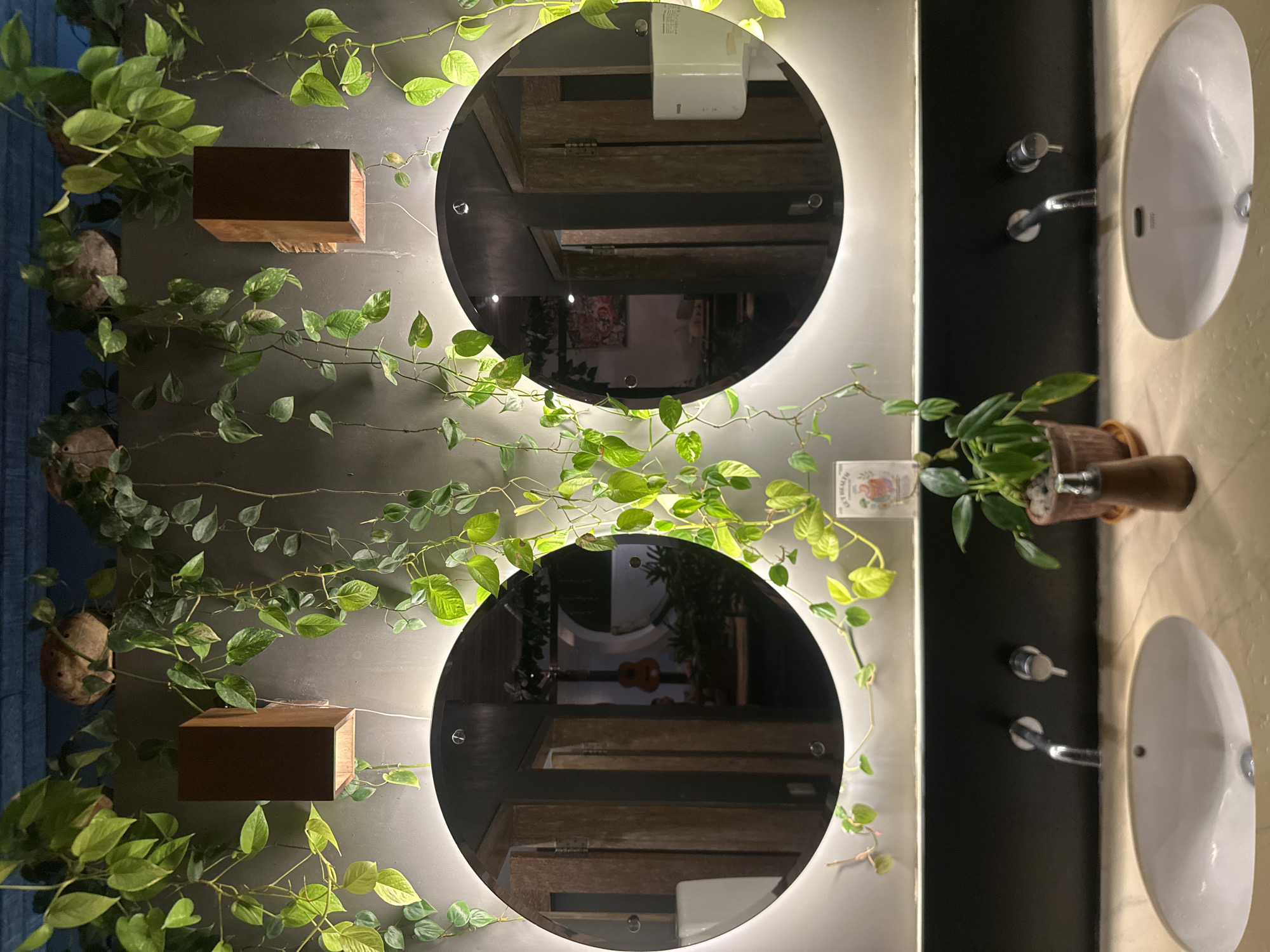 The image shows a well-lit, modern bathroom with a natural, botanical theme. Two large, circular mirrors with integrated LED lighting are mounted on a textured gray wall. Green vines cascade down from above, framing the mirrors and creating a lush, jungle-like atmosphere. The mirrors reflect the interior of the bathroom, showing wooden doors, a guitar, and another decorative element on the wall. Below the mirrors, a dark gray countertop features two white sinks, each with a modern chrome faucet. A small potted plant sits on the countertop between the sinks, adding to the natural aesthetic. The overall scene suggests a stylish and tranquil restroom environment, likely within a restaurant or hotel in Ubud District, Indonesia, given the prevalence of such design elements in the region.