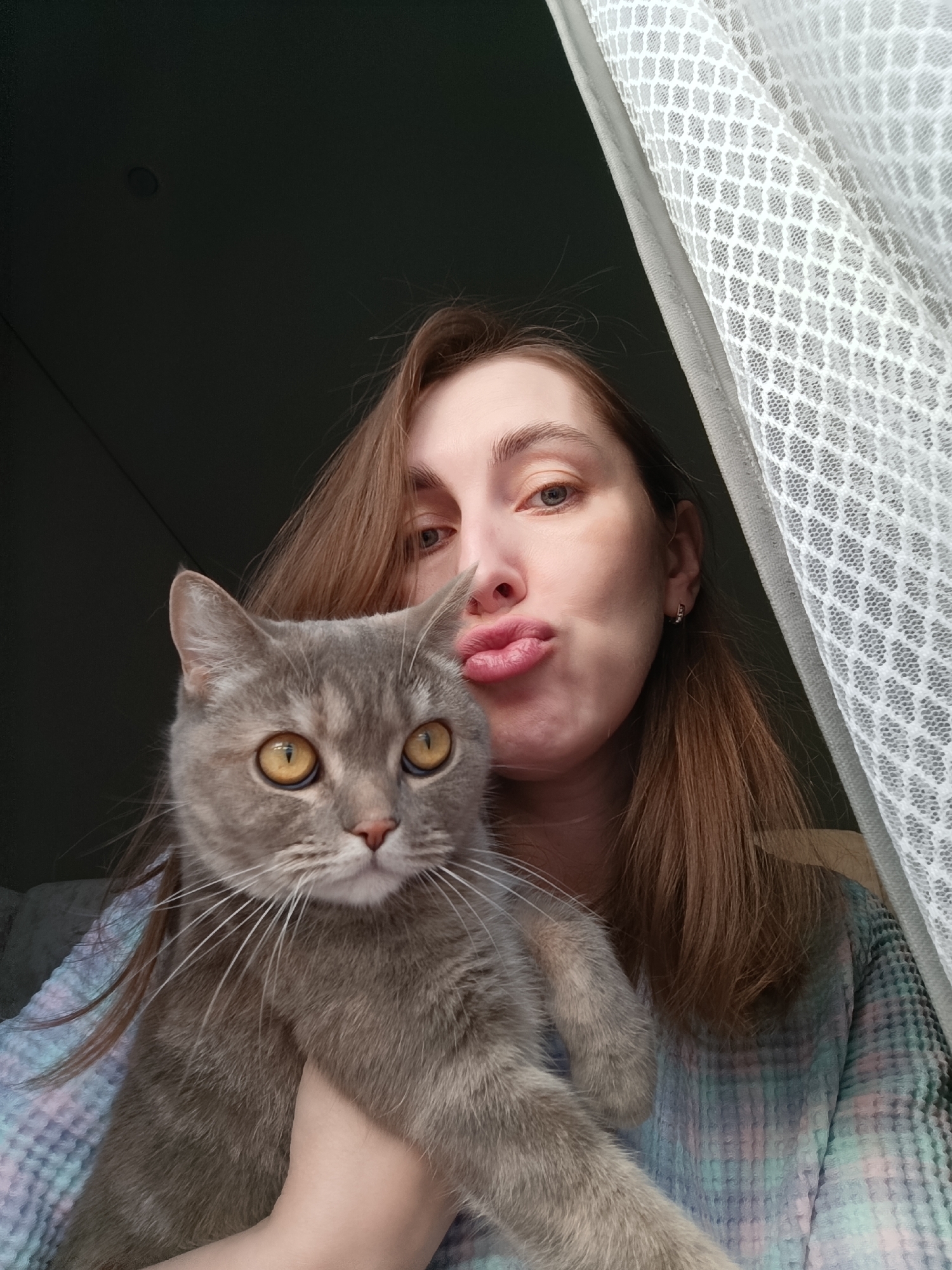 This image, captured in Chaikovsky, Russia, features an adult female holding a domestic cat in an indoor setting. The female, with long reddish-brown hair and fair skin, is visible from the chest up. She wears a long-sleeved garment with a variegated pattern in hues of blue, green, and pink. Her face, partially obscured by the cat and a curtain, displays a pursed-lip expression. Her left eye, which is light-colored, is visible, as is a small gold-colored hoop earring in her right earlobe. She is holding a grey-furred cat with large, round amber-yellow eyes, which is looking directly towards the viewer. The upper left portion of the background is dark, showing a ceiling with a single recessed circular light fixture. The right side of the frame is occupied by a white, open-weave mesh curtain featuring a hexagonal pattern. The subjects are illuminated by what appears to be natural light from the right side.