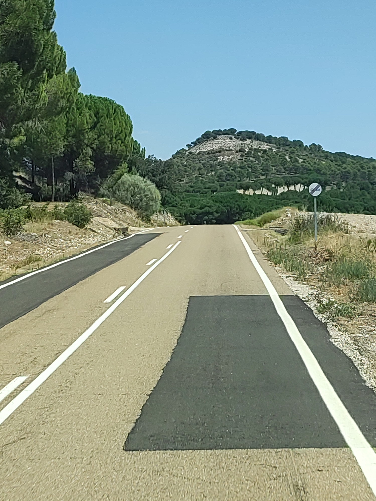 The image shows a rural road with a clear blue sky overhead. The road is paved with asphalt and marked with white lines. On the left side of the road, there are tall green pine trees and a rocky, arid landscape. On the right side, the landscape is also rocky and covered with sparse vegetation. In the distance, there is a hill covered with trees and some rocky outcrops. A traffic sign with a circular white symbol indicating "no entry for all vehicles" is visible on the right side of the road. The scene appears to be in Cogeces del Monte, Spain, based on its characteristic vegetation and landscape.
