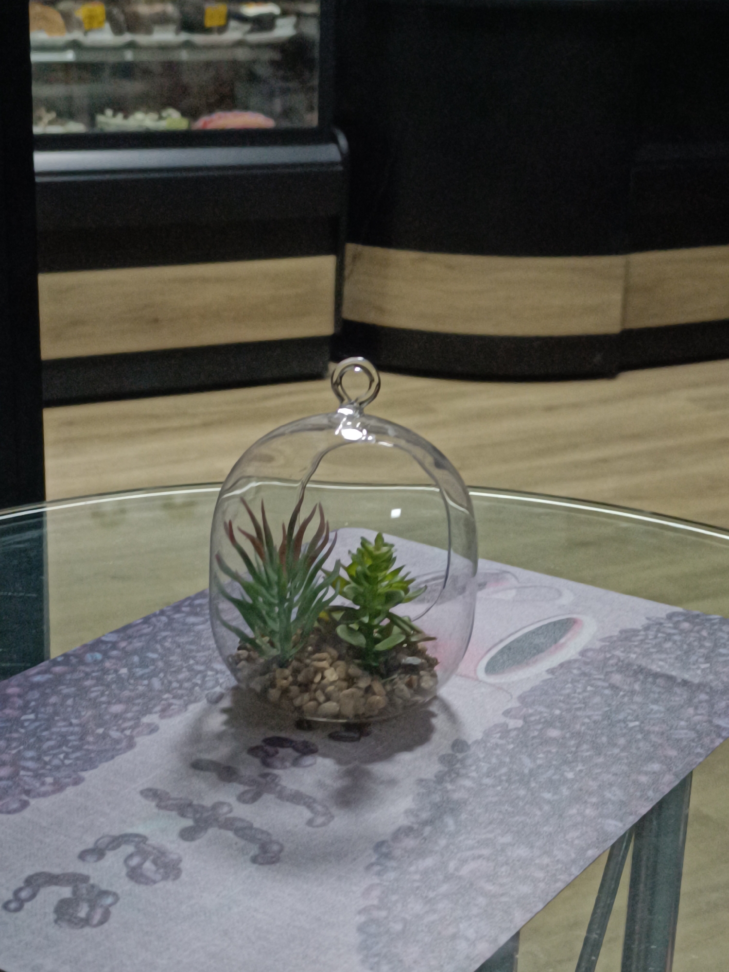 On a glass-topped table covered with a tablecloth with a coffee bean design, a clear glass terrarium containing two small artificial plants and gravel sits. Behind the table, a display case with pastries is visible, with black and wood paneling. The environment suggests an indoor setting, possibly a café in Pleven, Bulgaria, given the prompt's instructions. There are no people visible in the image.