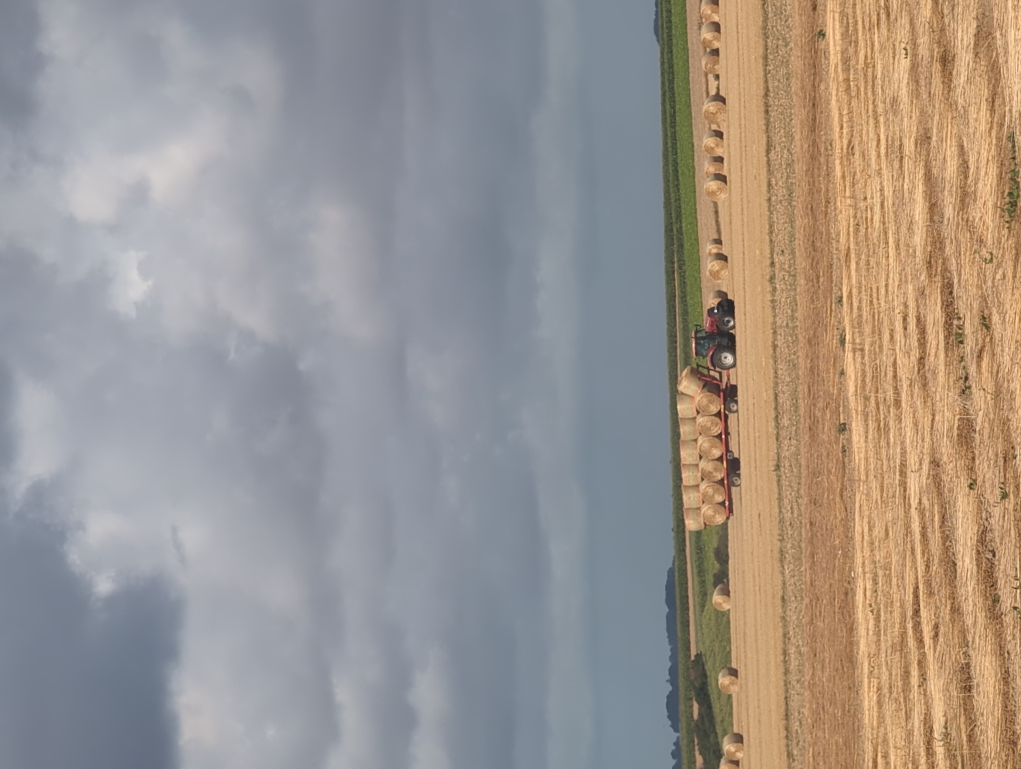 A red tractor pulls a trailer loaded with cylindrical hay bales across a harvested wheat field under a dramatic, cloudy sky. The field is golden brown with stubble, and rows of cut wheat lie on the ground. In the background, more hay bales are scattered across the field, and a line of trees marks the horizon. The image appears to be a rural landscape, likely in a farming region.