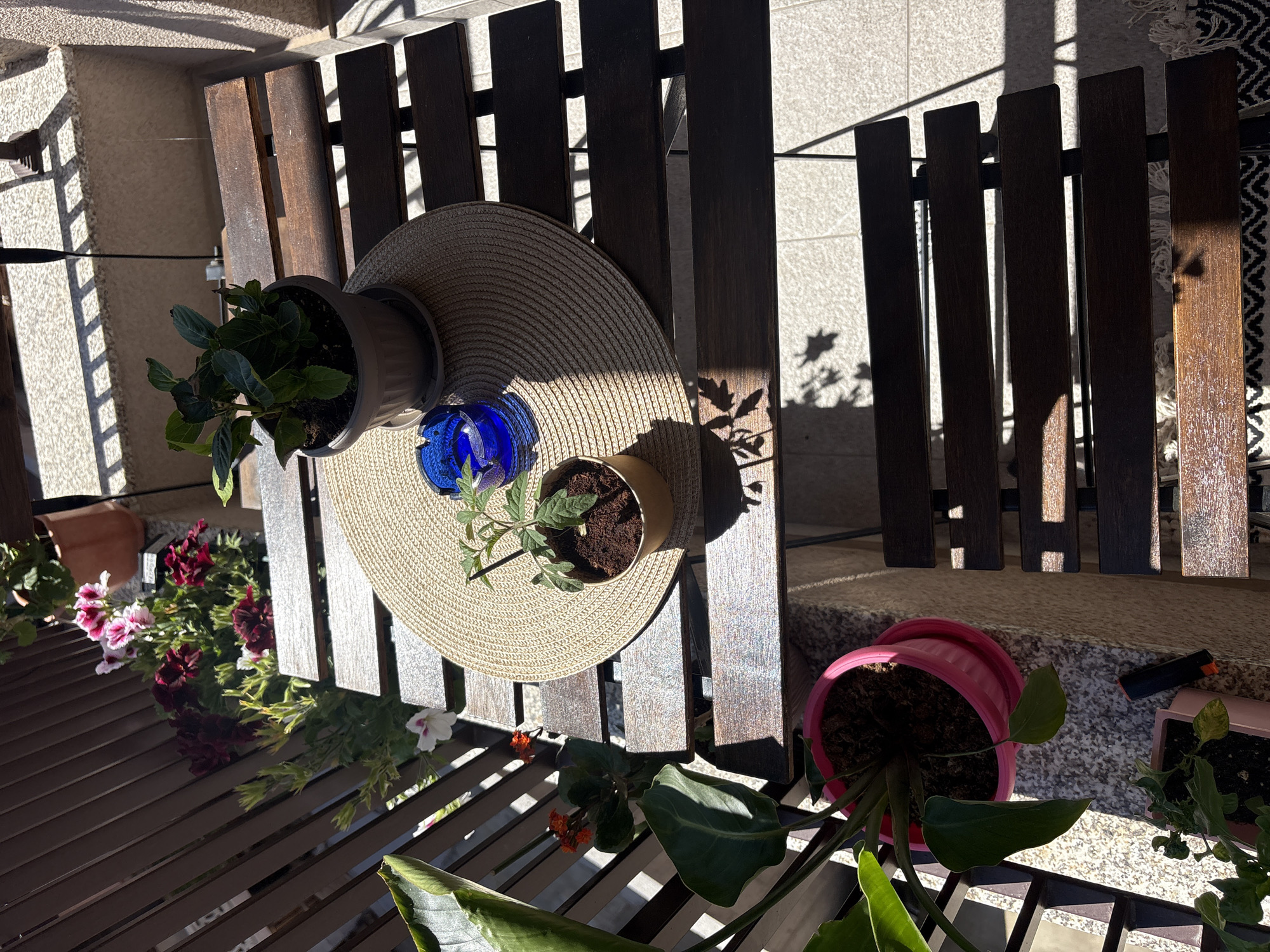 This is a high-angle shot of a small wooden table and chairs on a balcony. The table is set with a woven placemat, a potted plant, and a blue glass ashtray with a cigarette butt. There are other potted plants visible, some with flowers. The scene appears to be on a sunny day, with shadows cast by the railing and plants. The location is a balcony in Sofia, Bulgaria.