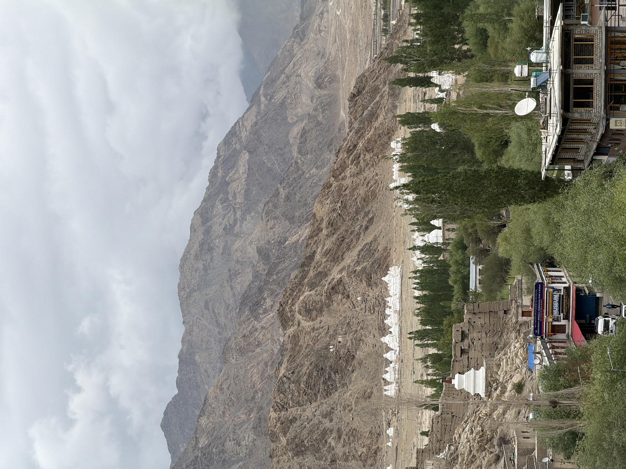 The image captures a panoramic view of the Thiksey monastery complex in Ladakh, India. In the foreground, a cluster of traditional Ladakhi buildings with stone construction and wooden windows are visible, nestled amongst lush green trees. A prominent white stupa with a red spire stands out against the stone structures. A building with a sign reading "MUSEUM" is also present, with vehicles parked nearby.
Further back, a vast expanse of arid land stretches out, dotted with numerous white stupas arranged in rows. These stupas are a significant feature of the Thiksey monastery, symbolizing Buddhist architecture. Beyond the stupas, the landscape is dominated by rugged, mountainous terrain. The mountains are barren and rocky, with layers of sediment and erosion visible. The sky is overcast with thick clouds, casting a diffused light on the scene.
The overall scene depicts a blend of human habitation and natural grandeur, characteristic of the high-altitude desert region of Ladakh. The Thiksey monastery, with its white stupas and intricate architecture, stands as a testament to the region's rich cultural and religious heritage. The surrounding mountains, carved by time and natural forces, add a dramatic and awe-inspiring backdrop to the scene.
