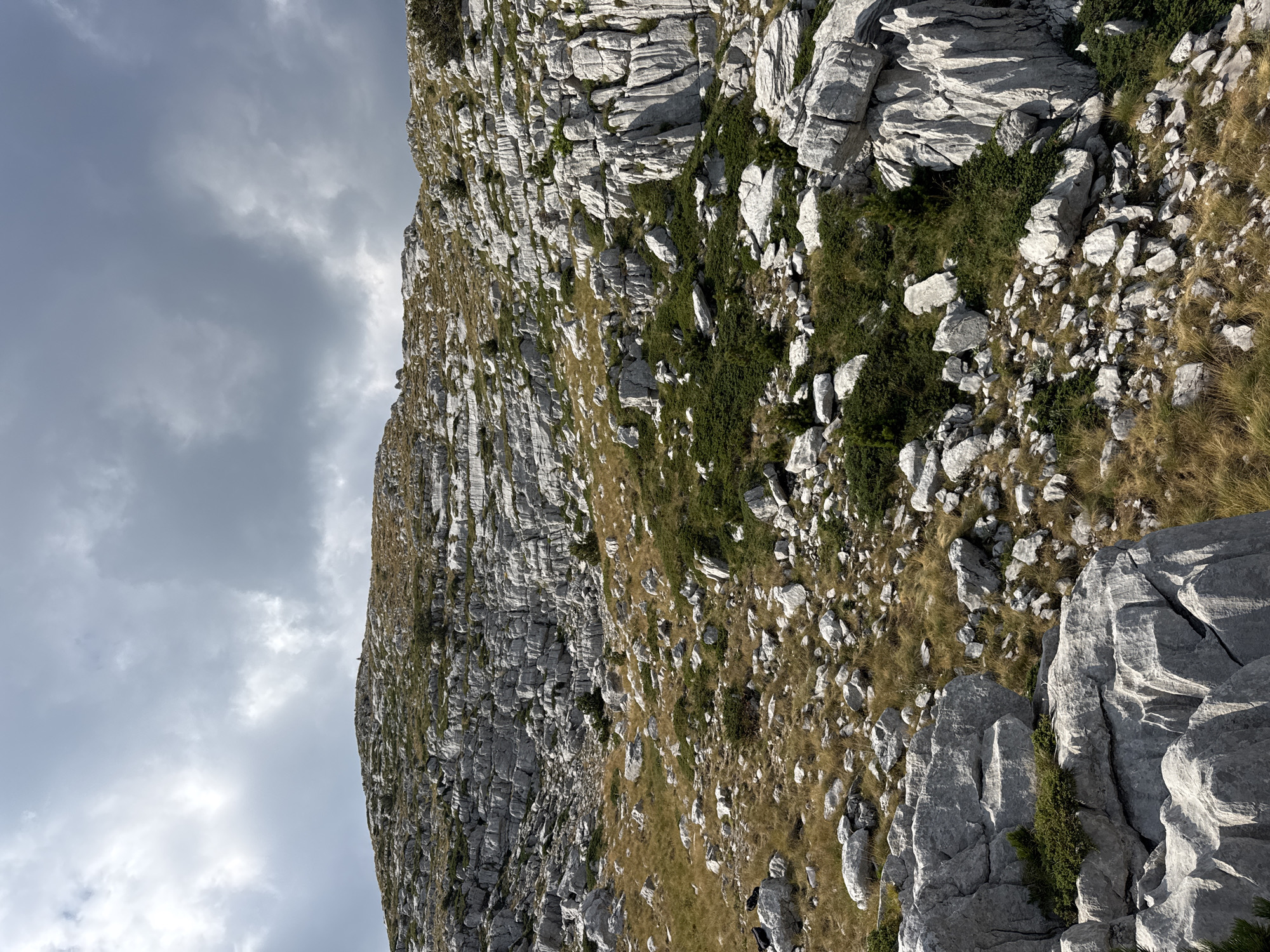 A wide, low-angle shot captures a rocky, treeless mountain slope under a cloudy sky in Mrtvo Duboko, Montenegro. The terrain is dominated by jagged, light-colored rocks and sparse, dry grass. Patches of dark green, low-lying vegetation are scattered across the hillside. In the distance, at the crest of the hill, two small figures are visible, standing near each other. The sky above is filled with dramatic, dark gray clouds.