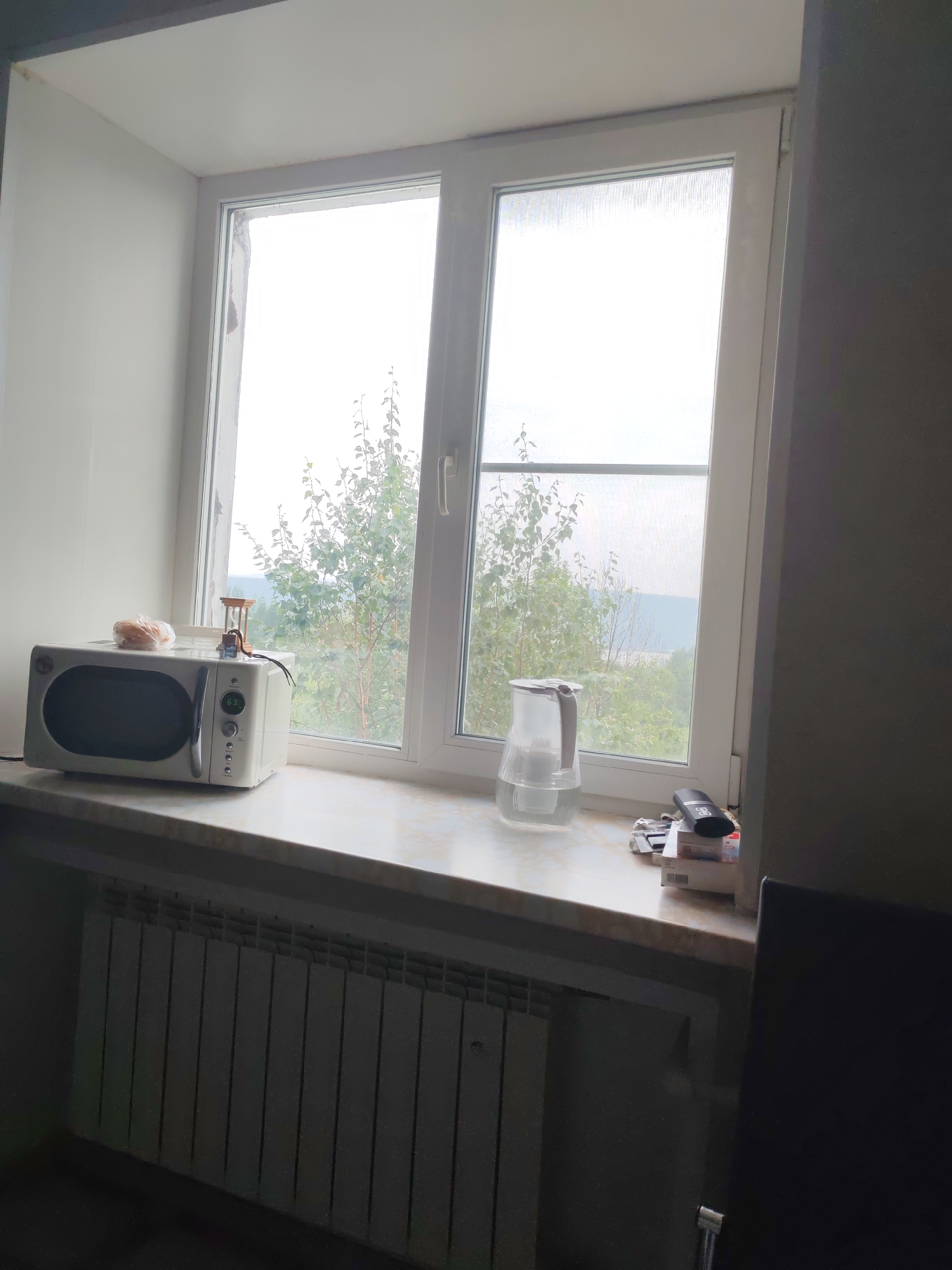 A microwave oven, a glass pitcher filled with water, and a stack of small boxes are situated on a windowsill in front of a large window overlooking a wooded area. A radiator is visible beneath the windowsill. The room appears to be located in Chulman, Russia.