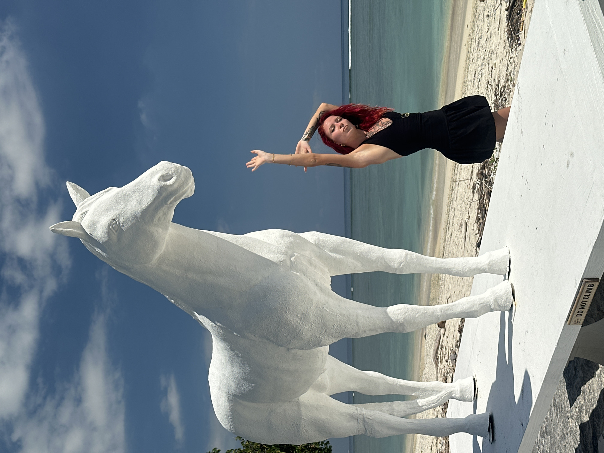 A wide-angle shot shows a fair-skinned woman with red hair and tattoos striking a pose at a beachside sculpture in Unknown, Indonesia. She is wearing a black dress and stands to the right of a large white horse sculpture, raising her arms toward the horse's face. The sculpture is affixed to a white, rectangular base with a sign reading "DO NOT CLIMB." The scene overlooks a beach with calm turquoise water. The sky is blue with scattered clouds.