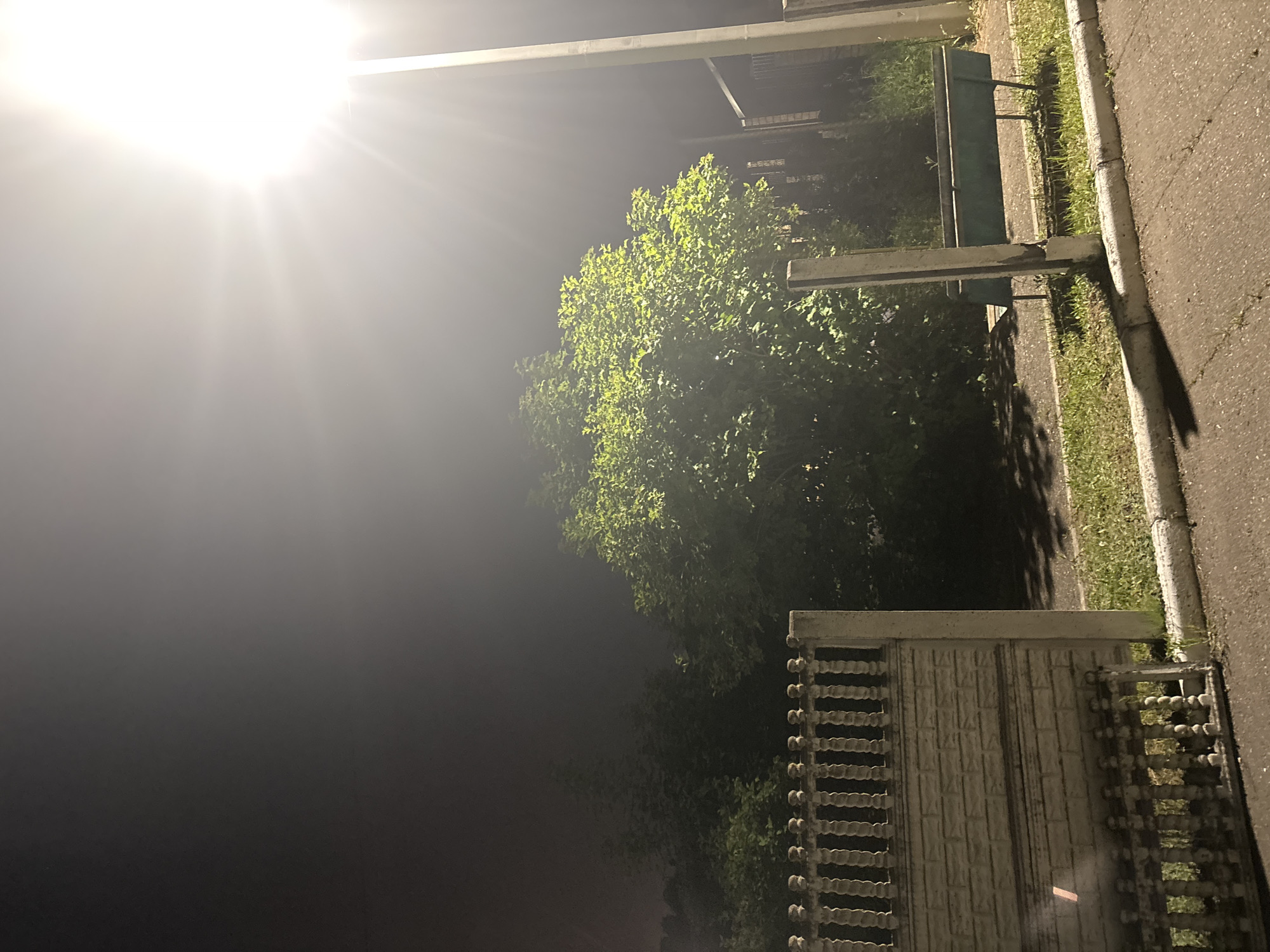 The image depicts a street scene at night, illuminated by a bright overhead light. In the foreground, a decorative concrete fence with a textured lower section and a balustrade-style top separates a paved area from a grassy strip. To the right of the fence, a long, teal-colored bench is situated on the grass. Behind the bench, various trees and foliage are visible, some of which are brightly lit by the overhead lamp, casting shadows. The background is dark, with a dense, hazy sky. The overall impression is of a quiet, possibly residential, area in the city of Orekhovka, Russia. There are no people visible in the image, and no specific actions or interactions are occurring.