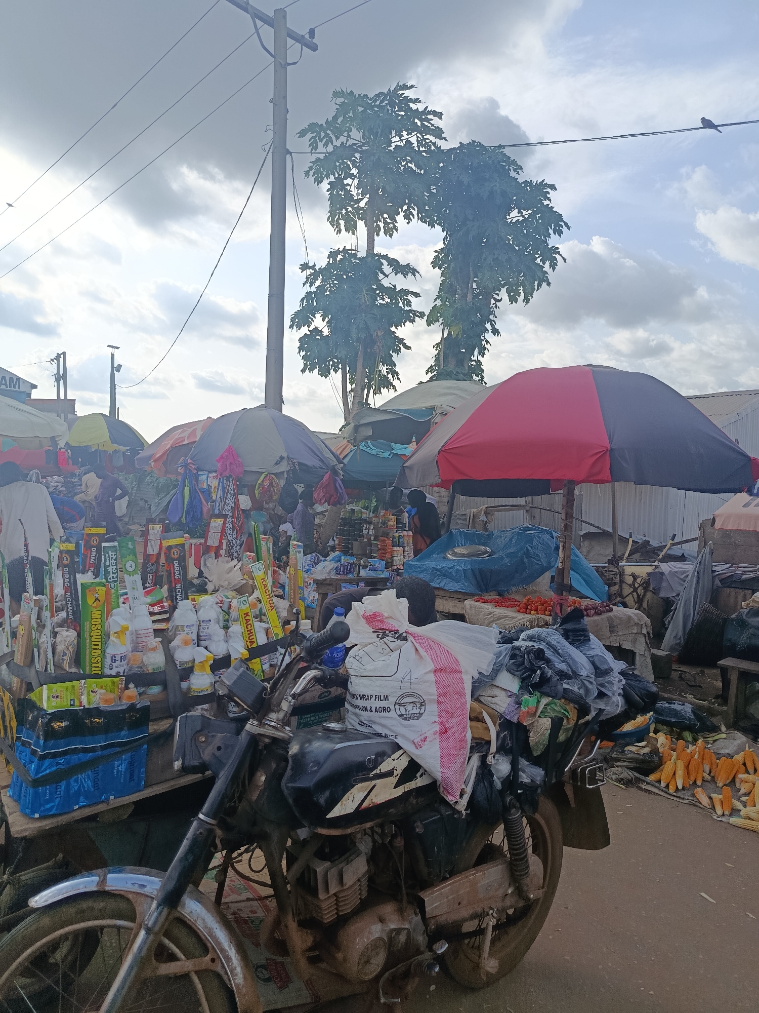 The image depicts an outdoor market scene in Sabon Tasha, Nigeria, with a motorcycle parked prominently in the foreground. The motorcycle, which appears to be a street bike, is loaded with various items, including bags and what seem to be agricultural products. Behind the motorcycle, stalls are set up with umbrellas providing shade. These stalls display a variety of goods, including what appear to be pesticides or similar packaged products, and some fresh produce like tomatoes and onions. Several people are visible in the background, engaged in market activities, though their interactions are not clearly discernible. The environment suggests a typical bustling market with a mix of vendors and shoppers under a cloudy sky.