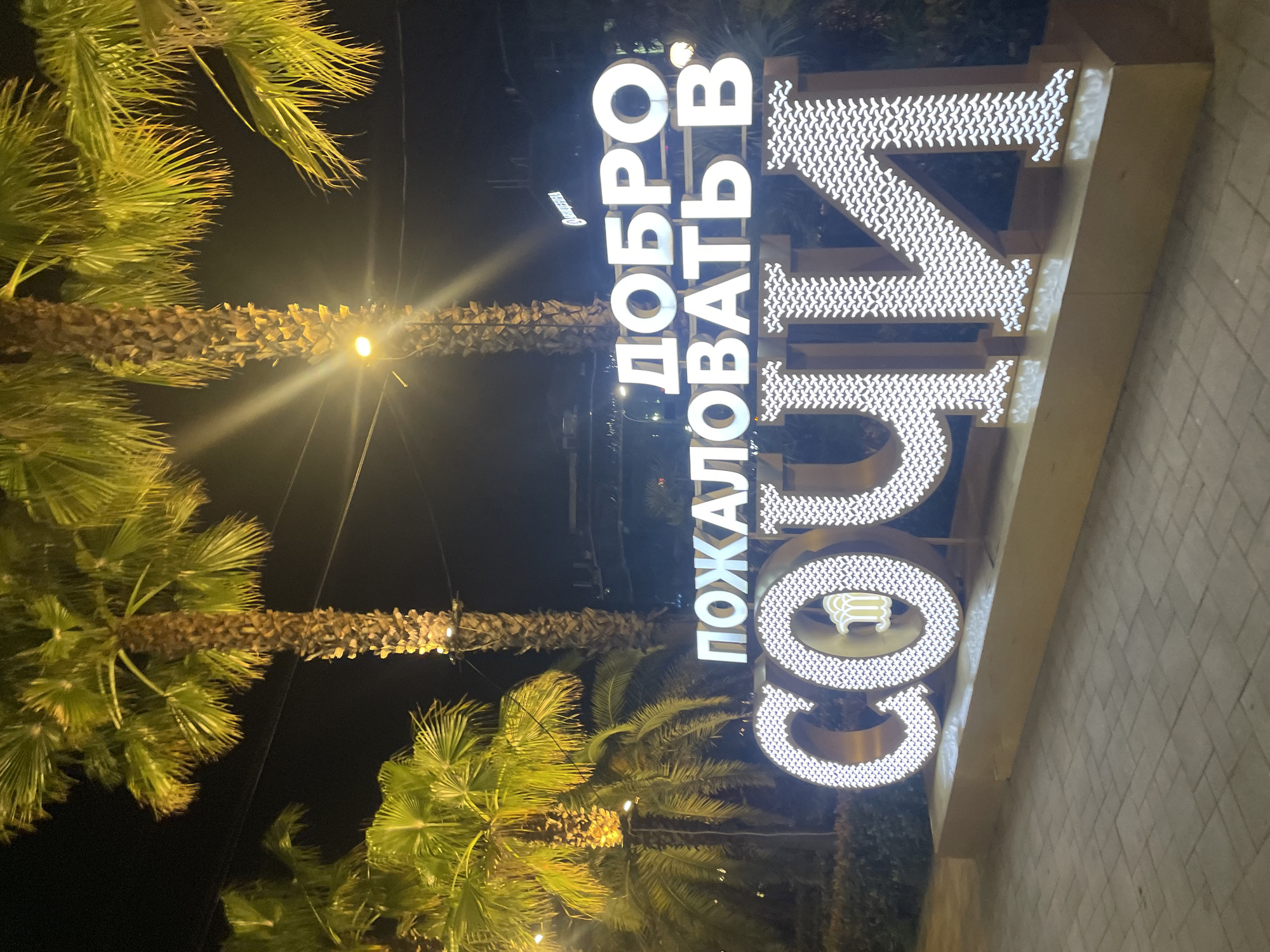 An illuminated sign in Sochi, Russia, spells out "Добро пожаловать в Сочи" which translates to "Welcome to Sochi." The sign is made of large, three-dimensional letters, with the word "Сочи" being the most prominent, adorned with intricate, glowing patterns resembling small birds or wings. The letters are lit from within, casting a soft, white light. The sign is placed on a golden platform, set against a backdrop of palm trees at night. The environment appears to be an urban setting, with paved ground and some greenery visible. The lighting suggests it is nighttime, with artificial lights illuminating the scene and palm trees. The overall impression is one of a welcoming entrance or landmark.
