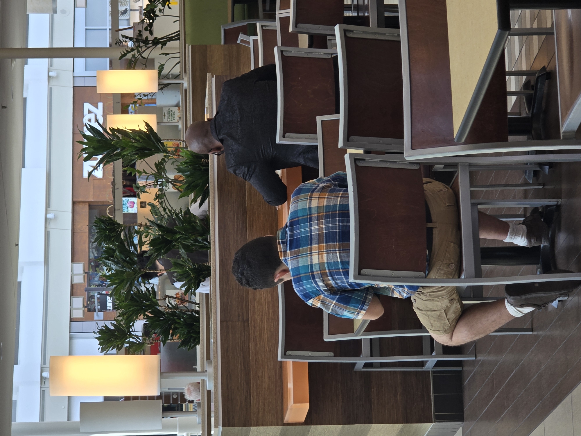 This image depicts an indoor scene, likely a food court or common area in a shopping mall, with a focus on two individuals seated at tables. The setting features wooden paneling, metal furniture, and large, rectangular light fixtures. Green plants are visible, adding a touch of nature to the otherwise artificial environment.
The primary subjects are two men. One man, facing away from the camera, is wearing a black textured shirt and appears to be bald. He is seated at a table with a dark wooden top. The second man, also facing away, is wearing a blue and orange plaid shirt and khaki shorts. He is seated at a table with a dark wooden top and is leaning forward, with his arms resting on the table. His legs are visible, showing him wearing white socks and brown shoes.
The activity appears to be casual dining or relaxation. The overall mood is subdued, with the subjects seemingly engaged in their own activities. The lighting suggests it is daytime, but no specific weather conditions can be inferred from the indoor setting.
Visible text includes "SUBWAY" on a sign in the background, indicating a potential dining establishment. Other signs are present but illegible. The presence of mall-like architecture and the "SUBWAY" sign strongly suggest a location within a shopping center. The provided location context of Alpharetta, United States of America, further refines the setting.