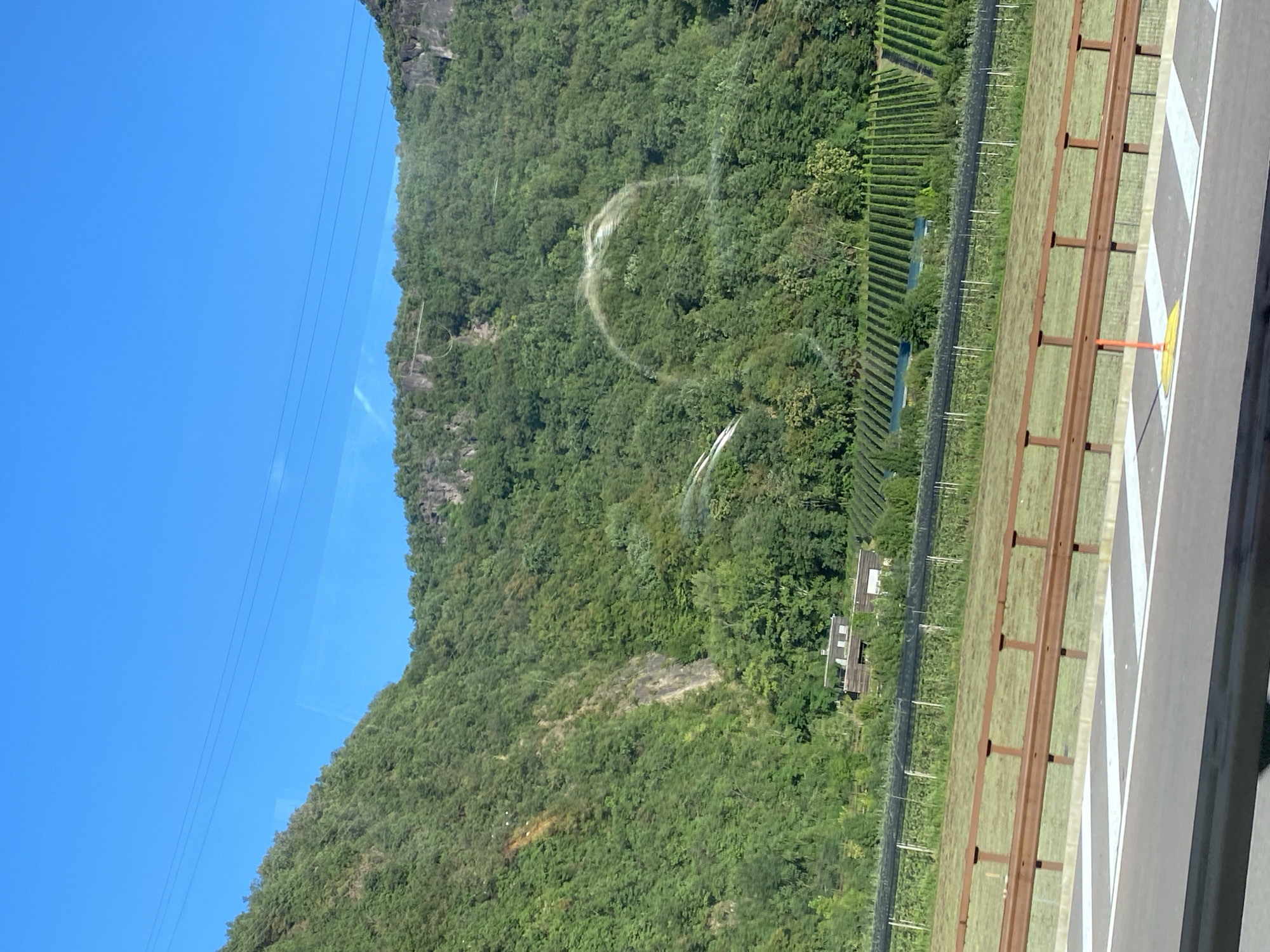 The image depicts a landscape view of a mountainous area covered in dense green trees. In the foreground, there is a road with white markings and a brown guardrail. Behind the guardrail, a fenced area with rows of vegetation, likely vineyards, is visible. Further up the slope, there are a few buildings. A thin, curved white line, possibly a condensation trail or a visual artifact, is present in the sky. The sky is clear and blue. The scene is located in the vicinity of Vadena - Pfatten, Italy.