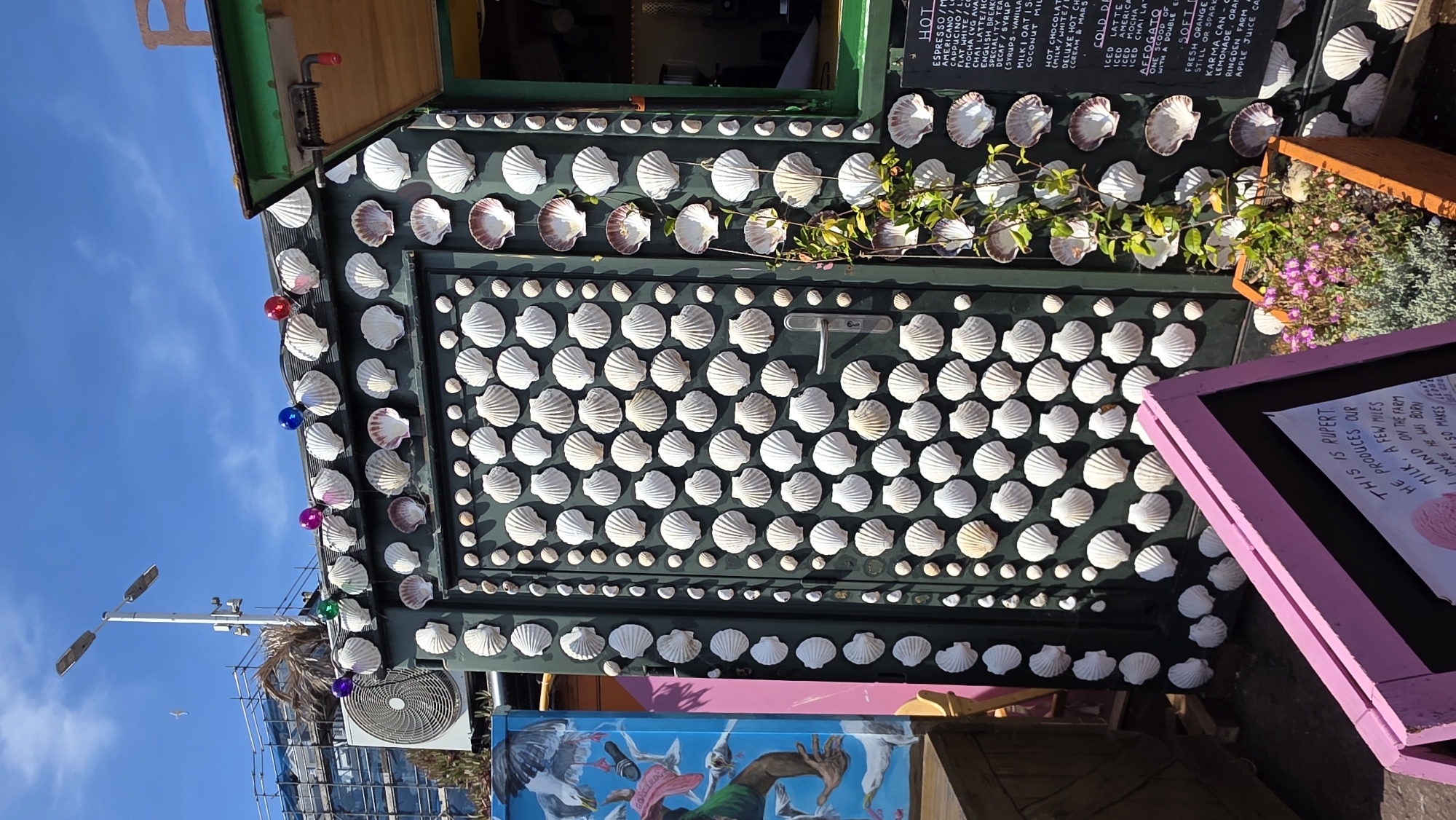 The image shows the exterior of a food stall or shop decorated with numerous seashells. The stall has a dark green door and walls that are extensively covered with various sizes and types of seashells, primarily scallop shells. Several colorful spherical lights are positioned along the top edge of the stall. To the left of the stall, a large mural depicting seagulls and a person is visible on a blue background, and to the right, a menu board lists various drinks. A potted plant with pink flowers is situated in front of the stall. The stall is located outdoors under a bright blue sky with some clouds and appears to be in a coastal area, possibly St Leonards, United Kingdom, given the style of the building and the presence of seagulls.