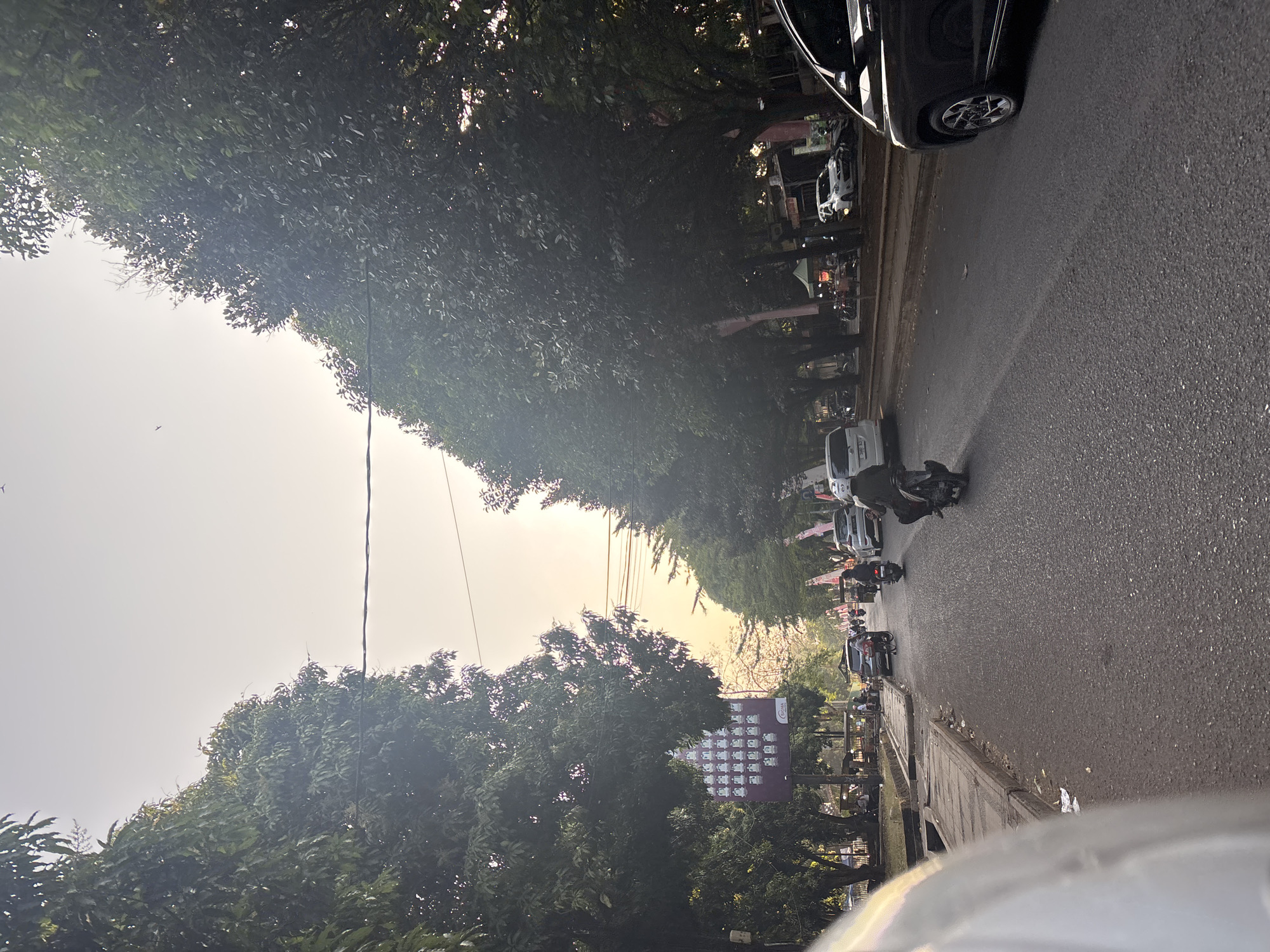 A vertical, eye-level, medium shot captures a street scene in Cirebon, Indonesia, with a focus on a road lined with mature trees and a gentle, hazy sunset. On the left side of the road, a sidewalk with a concrete curb runs alongside a grassy area. A large banner with a grid of white figures on a maroon background hangs from a pole on this side. The road itself is paved and appears to be a multi-lane street with moderate traffic.
Several vehicles are present: a black SUV is prominent in the foreground on the right, with its wheel visible. Further down the road, a white van is seen, and several motorcycles are in motion. One motorcycle in the middle ground has a rider wearing a dark outfit. A few cars are also visible further in the distance. People are sparsely distributed, with a few individuals seen on the sidewalk and near parked motorcycles.
The environment is characterized by the abundance of large, leafy green trees that create a canopy over much of the street. These trees are on both sides of the road, with the left side appearing more densely wooded. The sky is a pale yellow and orange gradient, indicating it is either sunrise or sunset. The lighting is soft and diffused, casting long shadows and giving the scene a serene, late-afternoon or early-morning ambiance. The overall impression is a typical urban street in a tropical or subtropical climate, with a blend of natural elements and man-made infrastructure.