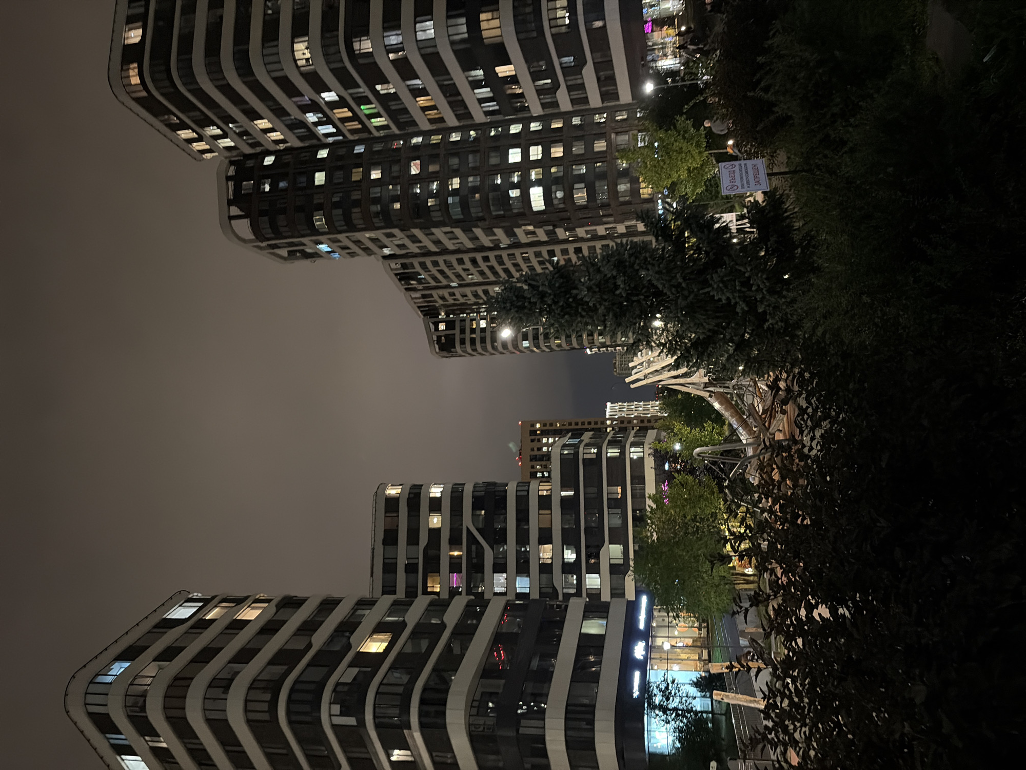 An exterior night shot shows a modern residential complex in Moscow, Russia, possibly in the area of Moscow City. Tall, contemporary apartment buildings with rounded corners and illuminated windows dominate the skyline. The buildings are of varying heights, with the closest ones featuring a wavy facade design. In the foreground, there is a dark, dense bush, and behind it, a dimly lit playground structure can be seen, with some people visible in the background. A sign with Russian text is posted near a conifer tree. The sky is overcast and dark.