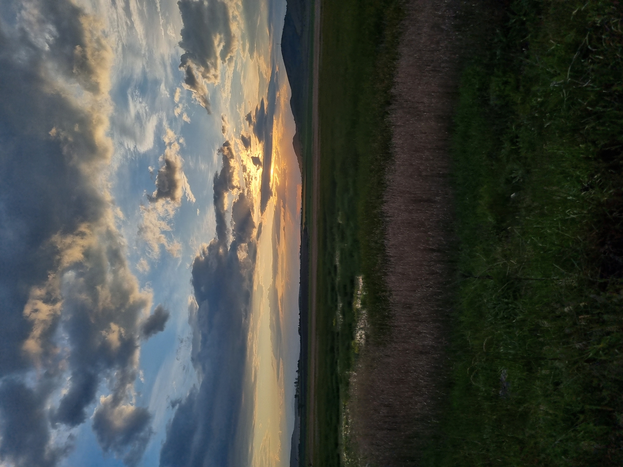 The image depicts a landscape scene at sunset in Aldomirovtsi, Bulgaria. The sky is filled with dramatic clouds, ranging in color from dark gray to light blue with golden highlights where the sun is setting. The sun's rays break through the clouds, creating a radiant effect. Below the sky, a flat expanse of green field stretches towards a distant mountain range on the horizon. A dirt path runs along the right side of the image, bordered by grass and vegetation. The scene conveys a sense of serenity and natural beauty. There are no people visible in the image.