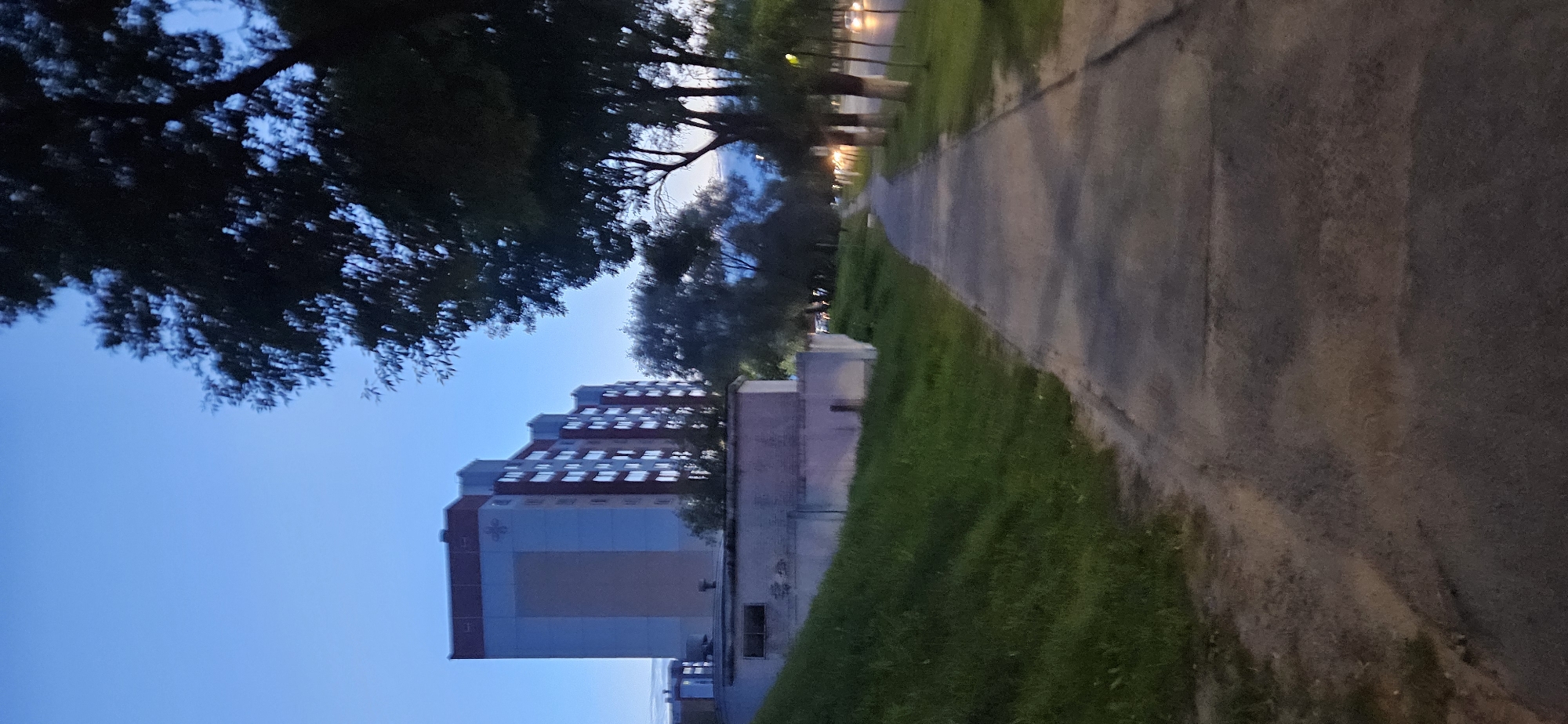 A wide-angle, vertical, full shot captures an outdoor scene at dusk in Vitsebsk, Belarus. The foreground is dominated by a concrete sidewalk, curving to the right and leading into the distance. To the left of the sidewalk, a grassy embankment slopes upwards. Atop the embankment is a low, light-colored building with a single visible window. Further back and to the left are several multi-story apartment buildings with light-colored facades and numerous windows. These buildings are partially obscured by a dark, leafy tree that occupies the right side of the frame, extending from the top to mid-ground. The sky is a clear, pale blue. Streetlights are visible along the sidewalk in the distance, casting a yellowish glow, and the headlights of a few cars can be seen on a road to the right of the trees. The overall atmosphere suggests a quiet urban residential area at the end of the day.
