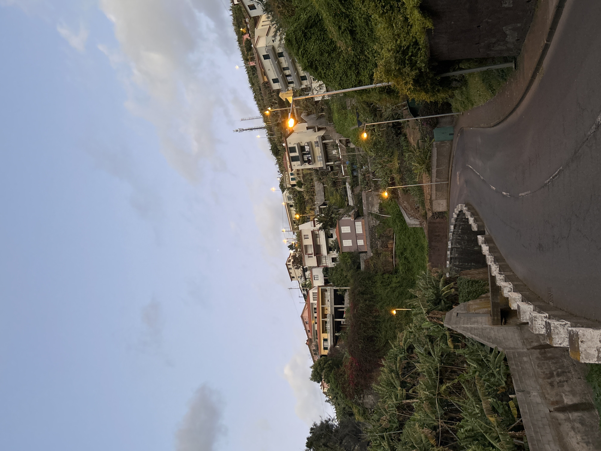 The image depicts a road winding through a hillside residential area in Câmara de Lobos, Portugal. Houses are built on the slope, amidst lush green vegetation. Streetlights illuminate the road. The sky is overcast with visible clouds. A bridge or elevated walkway with a concrete structure is visible in the foreground. A construction crane is seen in the distance amongst the houses. The photo appears to have been taken at dusk or dawn.