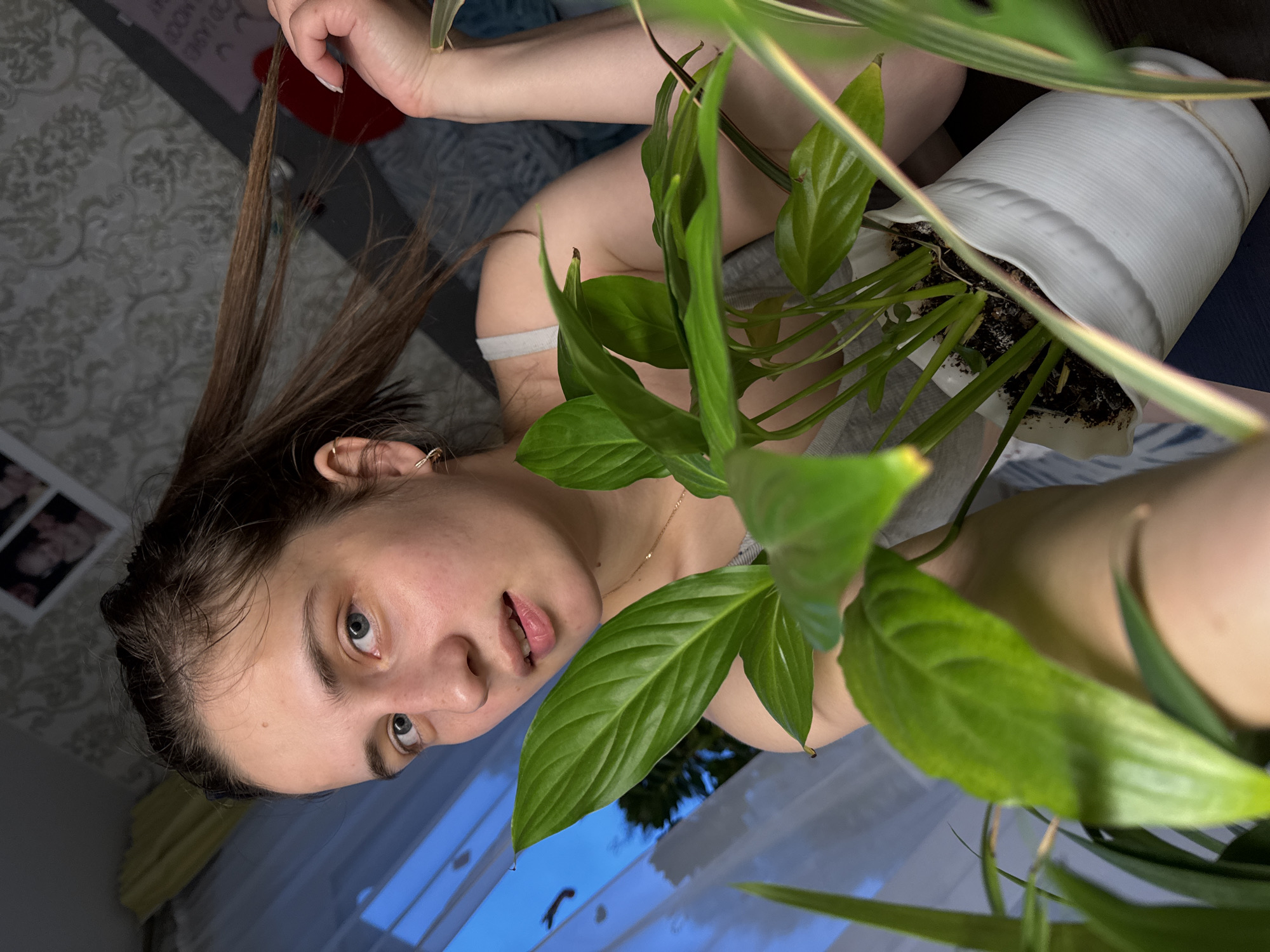 A woman with light skin, blue eyes, and brown hair is holding a potted plant, possibly a peace lily, in an indoor setting. She is looking directly at the camera with a slight expression. The plant has green leaves and is in a white pot. The woman is seated on the floor with her legs visible in the background. The environment includes a wall with patterned wallpaper and a window with blue sky visible outside. It is not possible to determine the exact location in the city of Chaikovsky, Russia from this image alone.