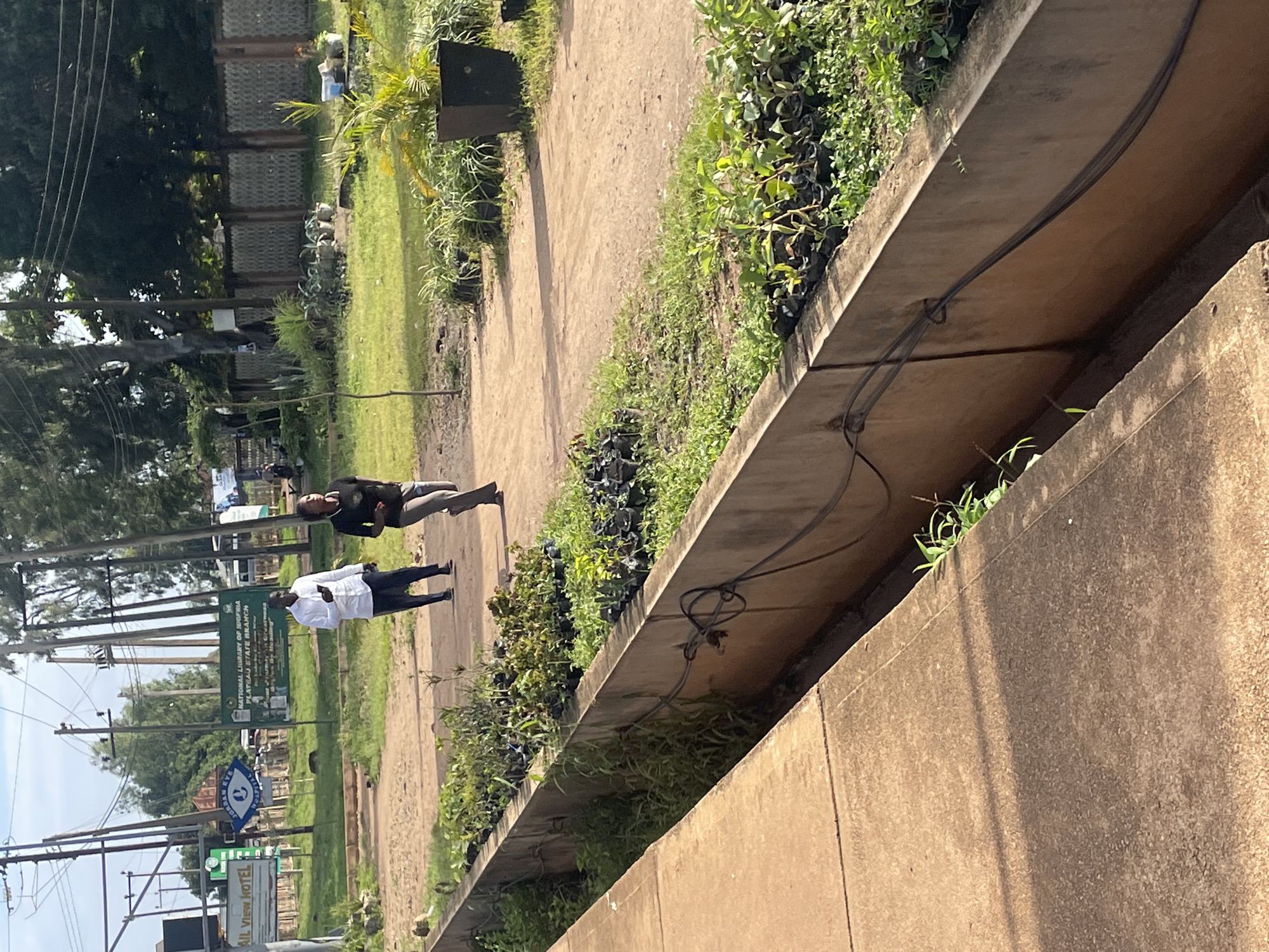 The image depicts an outdoor scene in Jos, Nigeria, with two individuals walking on a dirt path. A man in a white shirt and dark pants walks with his phone in hand, while a woman in dark athletic wear runs ahead of him. They are positioned in front of a concrete structure that appears to be a drainage channel, lined with numerous potted plants and saplings. In the background, there are signs for the "ALL VIEW HOTEL" and the "NATIONAL LIBRARY OF NIGERIA, PLATEAU STATE BRANCH". Utility poles with electrical wires are visible against a sky with scattered clouds. The environment suggests a somewhat urban setting with vegetation and infrastructure.